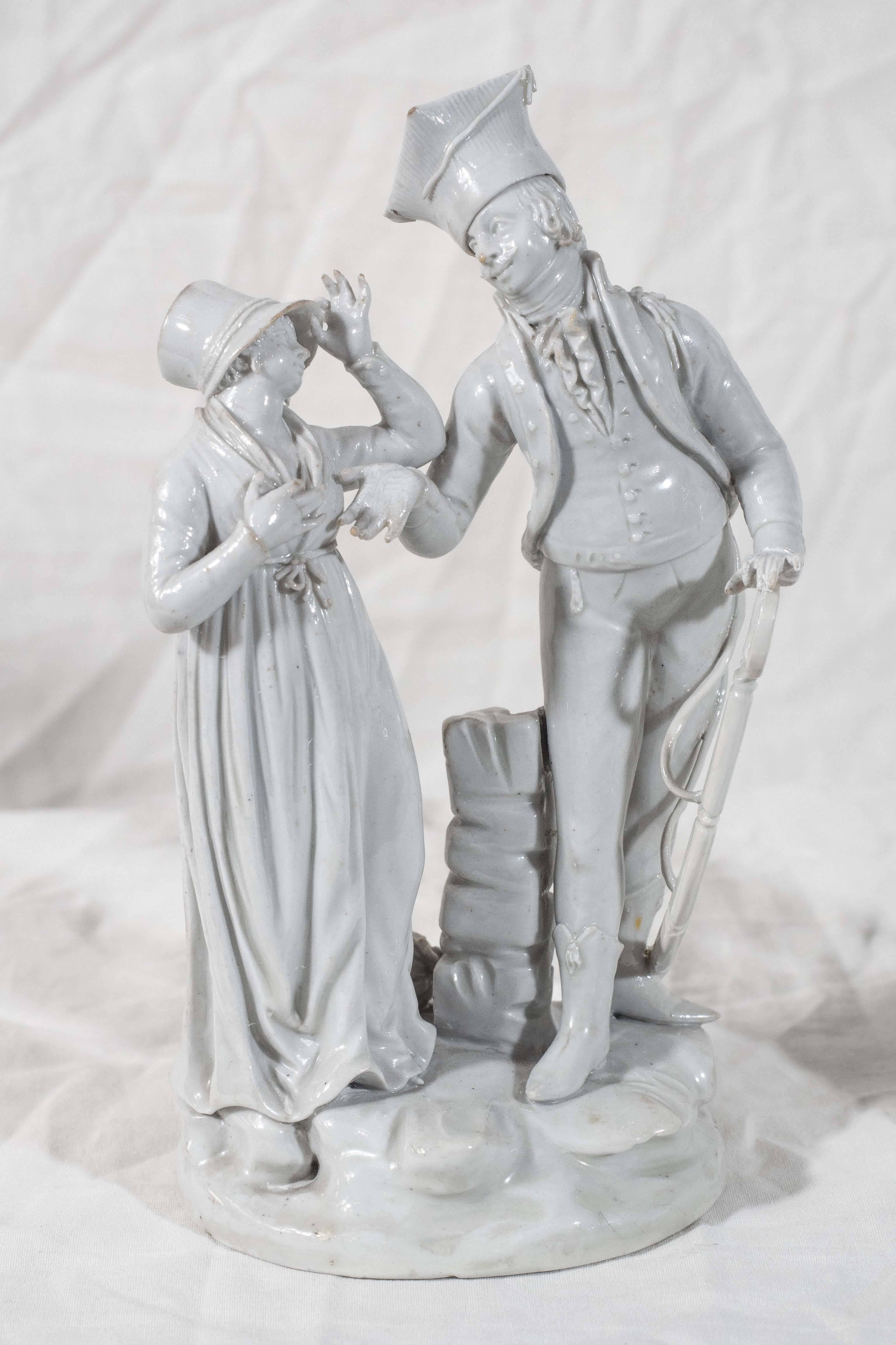 Provenance: The Metropolitan Museum in New York has a similar Le Nove Porcelain pair of courting figures in its collection. Accession Number: 06.381. Factory: Le Nove manufactory. Date: circa 1810.  
This exceptional pair of two antique porcelain