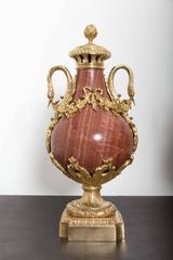 Pair of 19th Century Red Marble and Gilded Bronze Ormolu Mounts Pear Shaped Urns