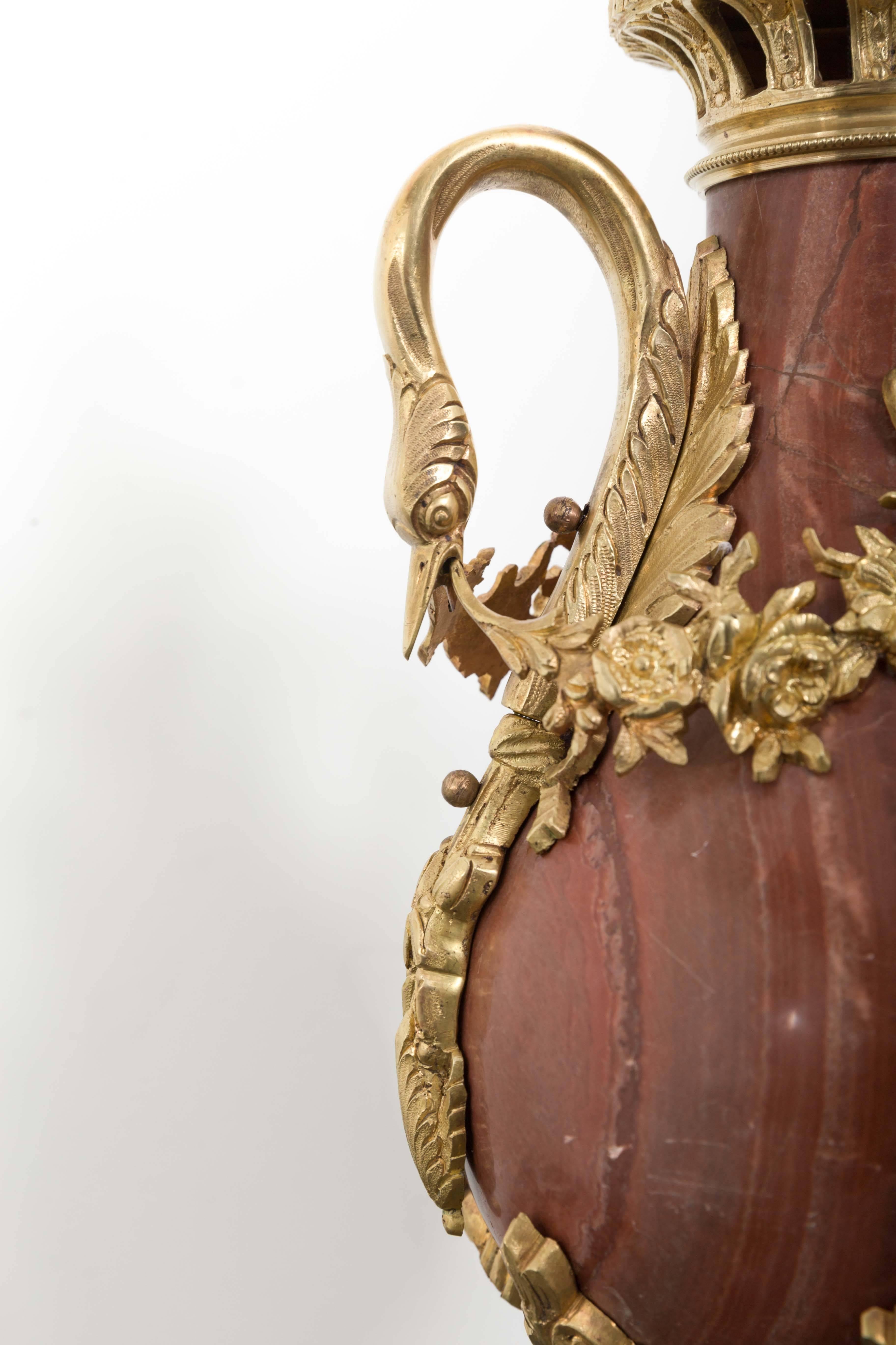 French Pair of 19th Century Red Marble and Gilded Bronze Ormolu Mounts Pear Shaped Urns For Sale