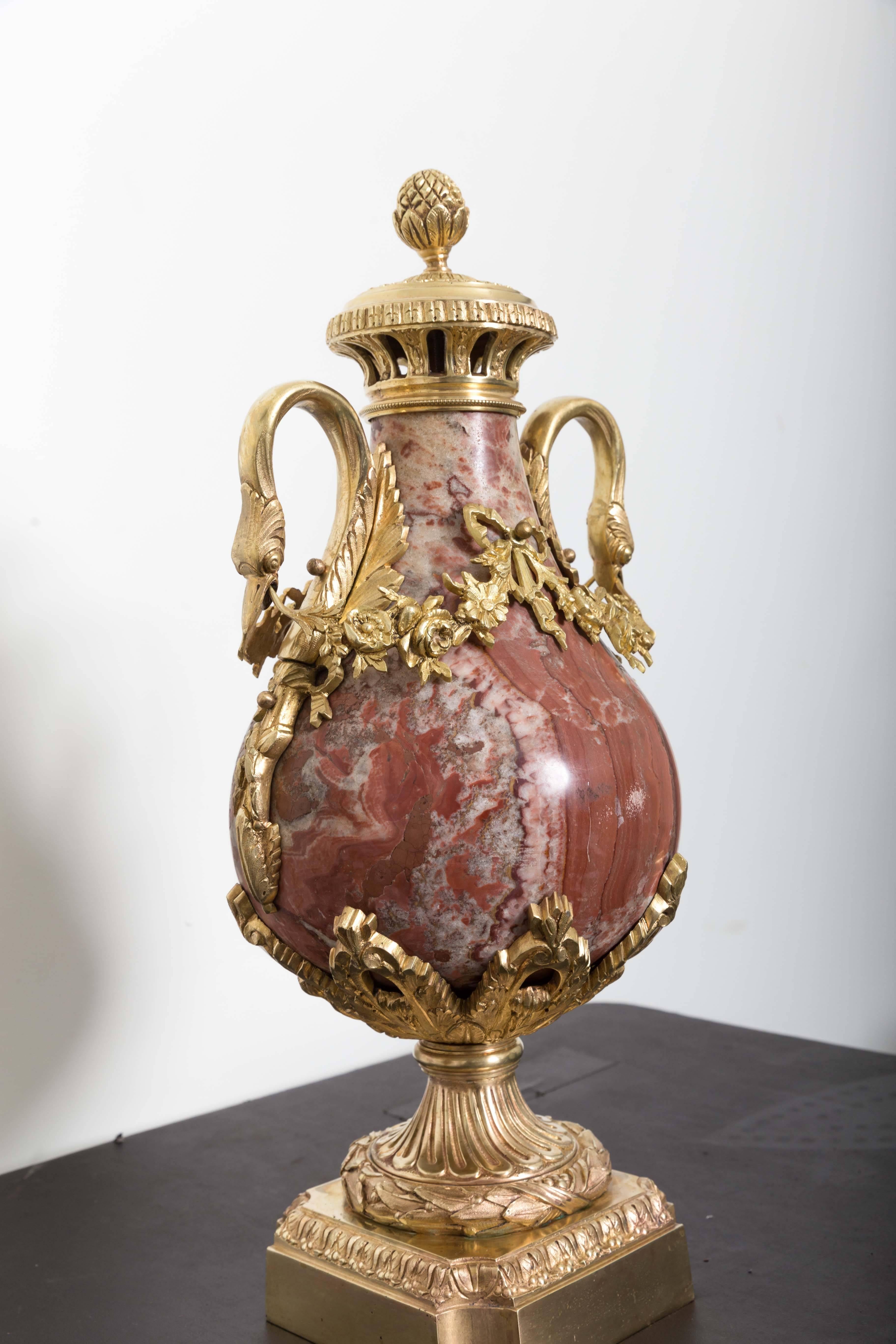 Pair of 19th Century Red Marble and Gilded Bronze Ormolu Mounts Pear Shaped Urns In Good Condition For Sale In Southampton, NY
