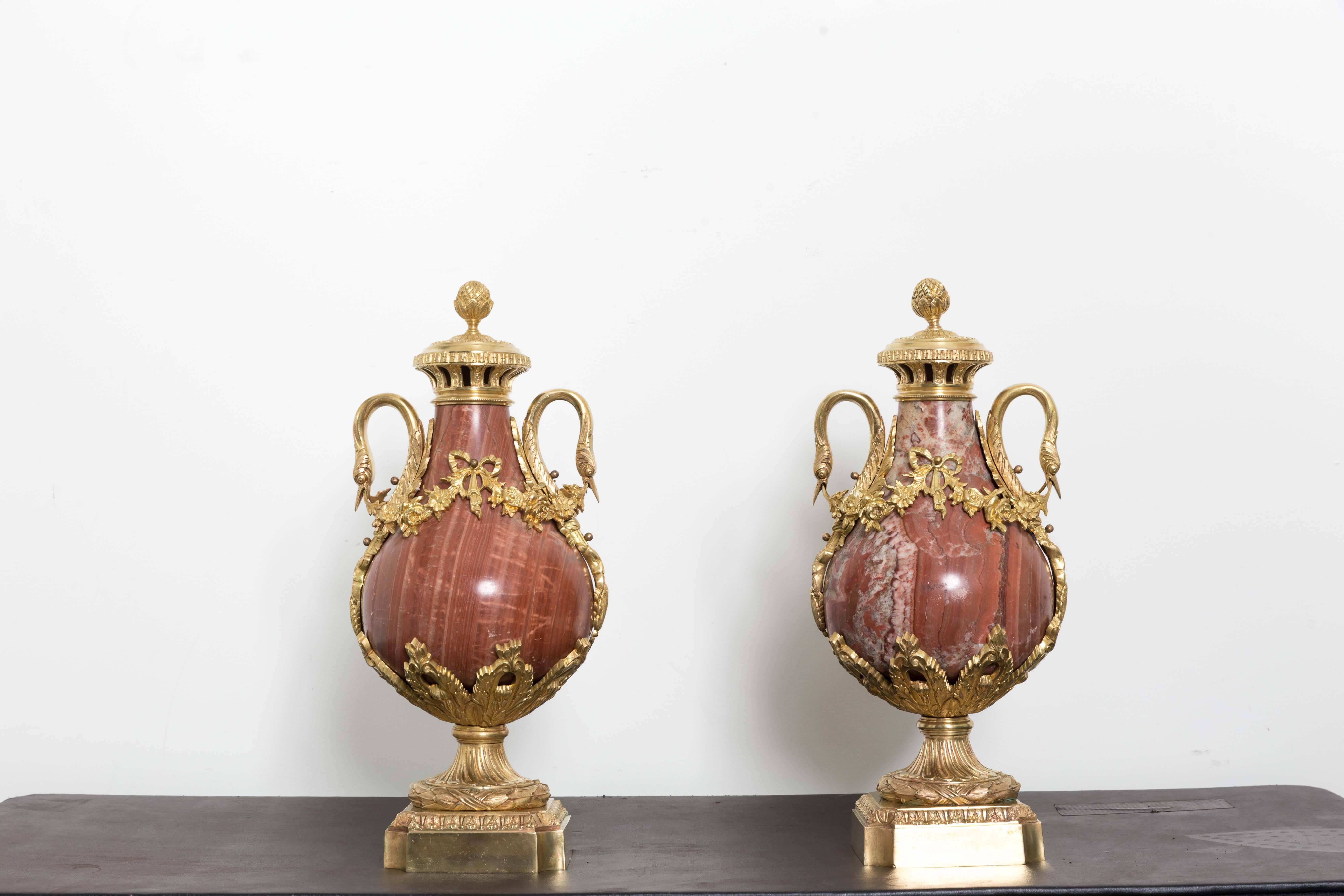 Pair of 19th Century Red Marble and Gilded Bronze Ormolu Mounts Pear Shaped Urns For Sale 1