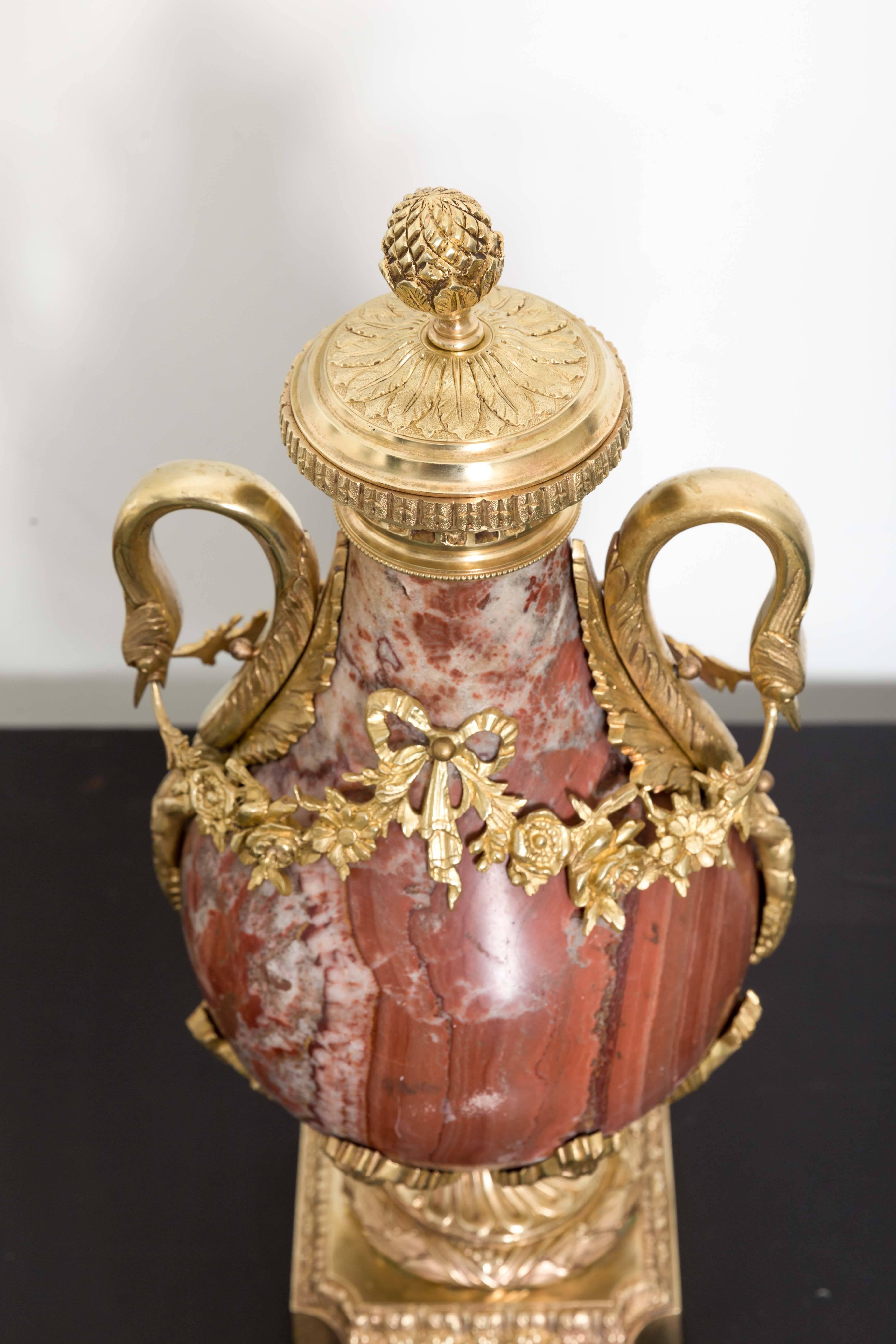 Pair of 19th Century Red Marble and Gilded Bronze Ormolu Mounts Pear Shaped Urns For Sale 2