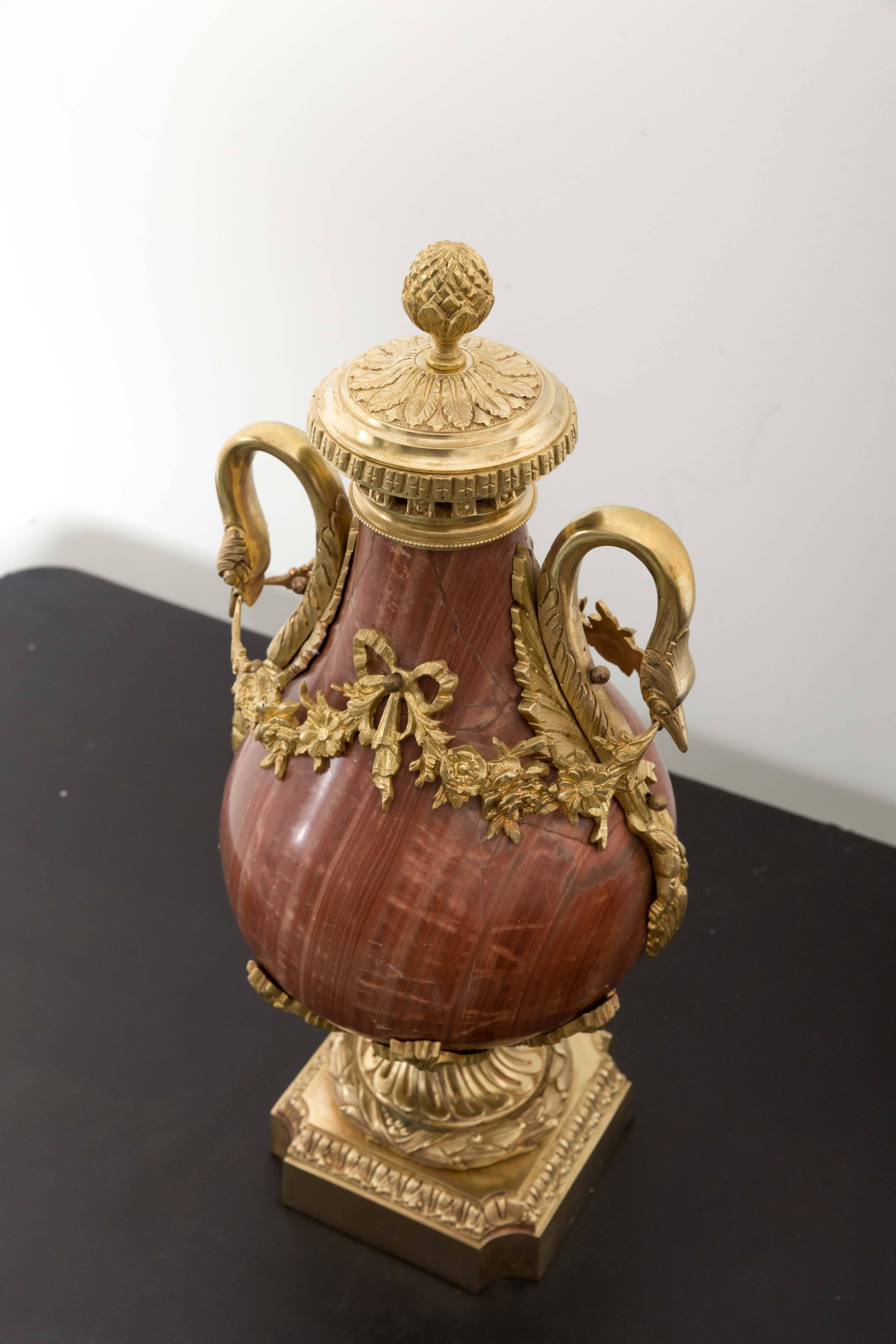 Pair of 19th Century Red Marble and Gilded Bronze Ormolu Mounts Pear Shaped Urns For Sale 3