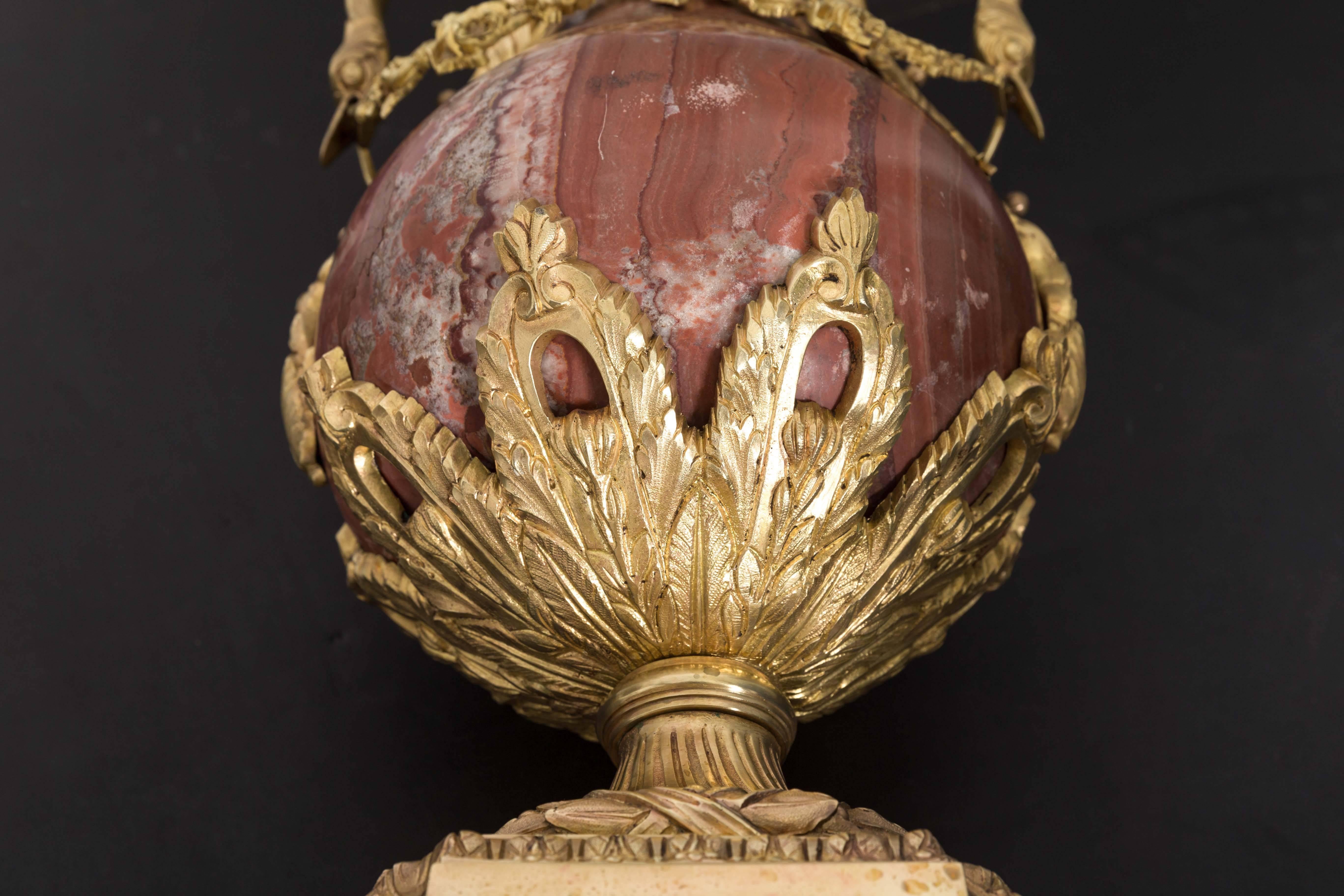 Pair of 19th Century Red Marble and Gilded Bronze Ormolu Mounts Pear Shaped Urns For Sale 4