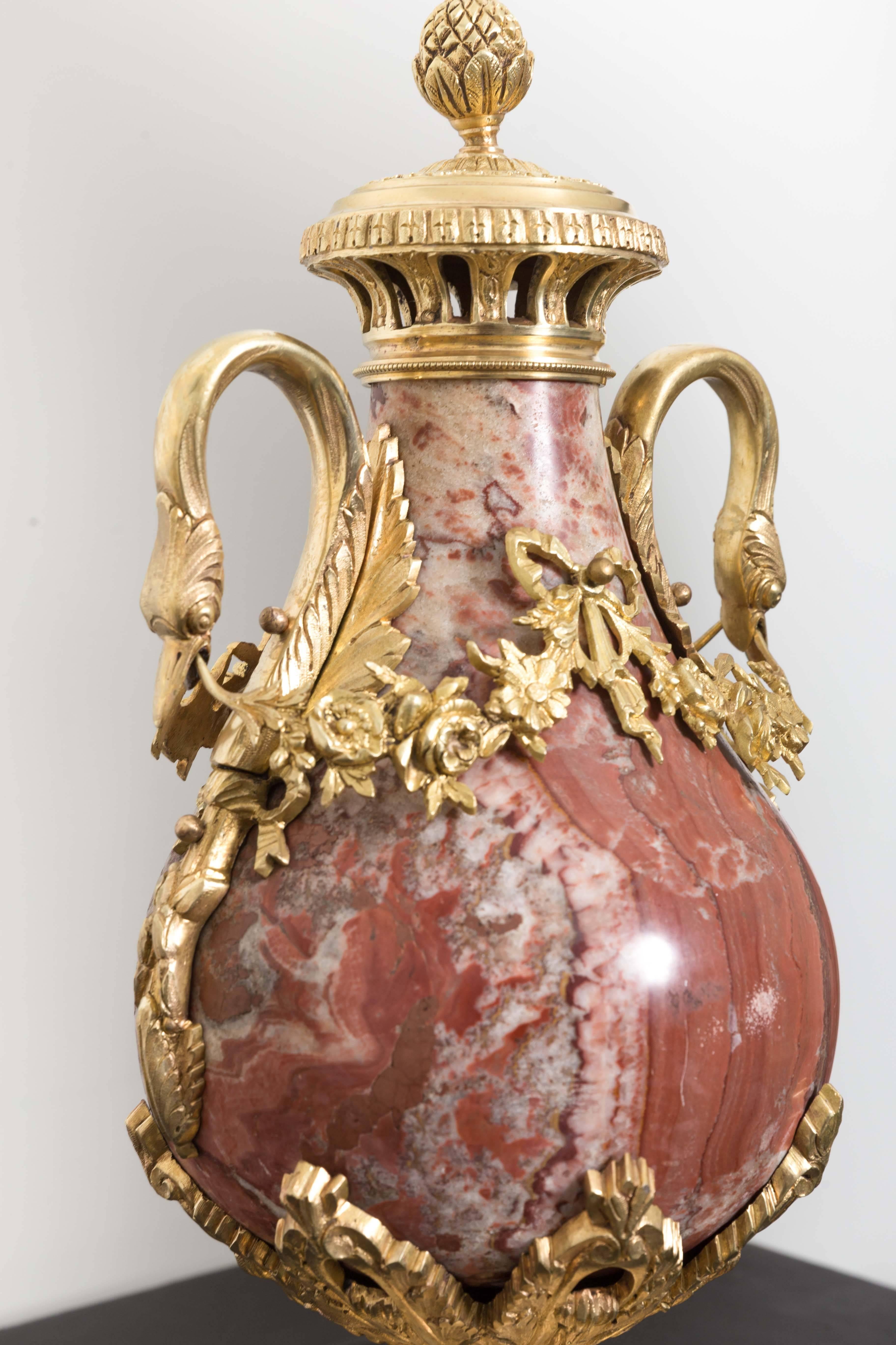 Pair of 19th Century Red Marble and Gilded Bronze Ormolu Mounts Pear Shaped Urns For Sale 5