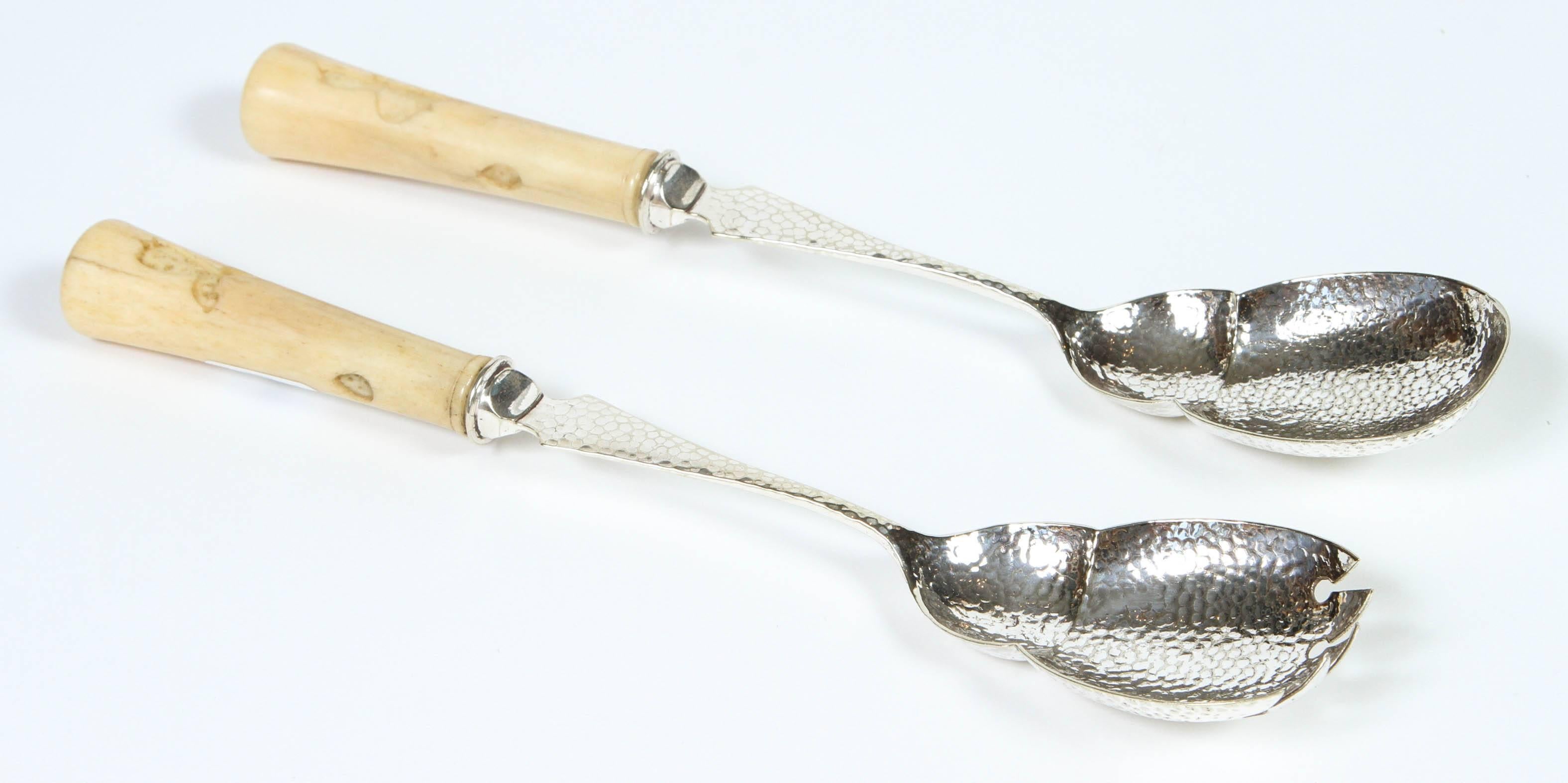 Newly polished antique silver plate salad serving set with bone handles by JG & Sons, England.

