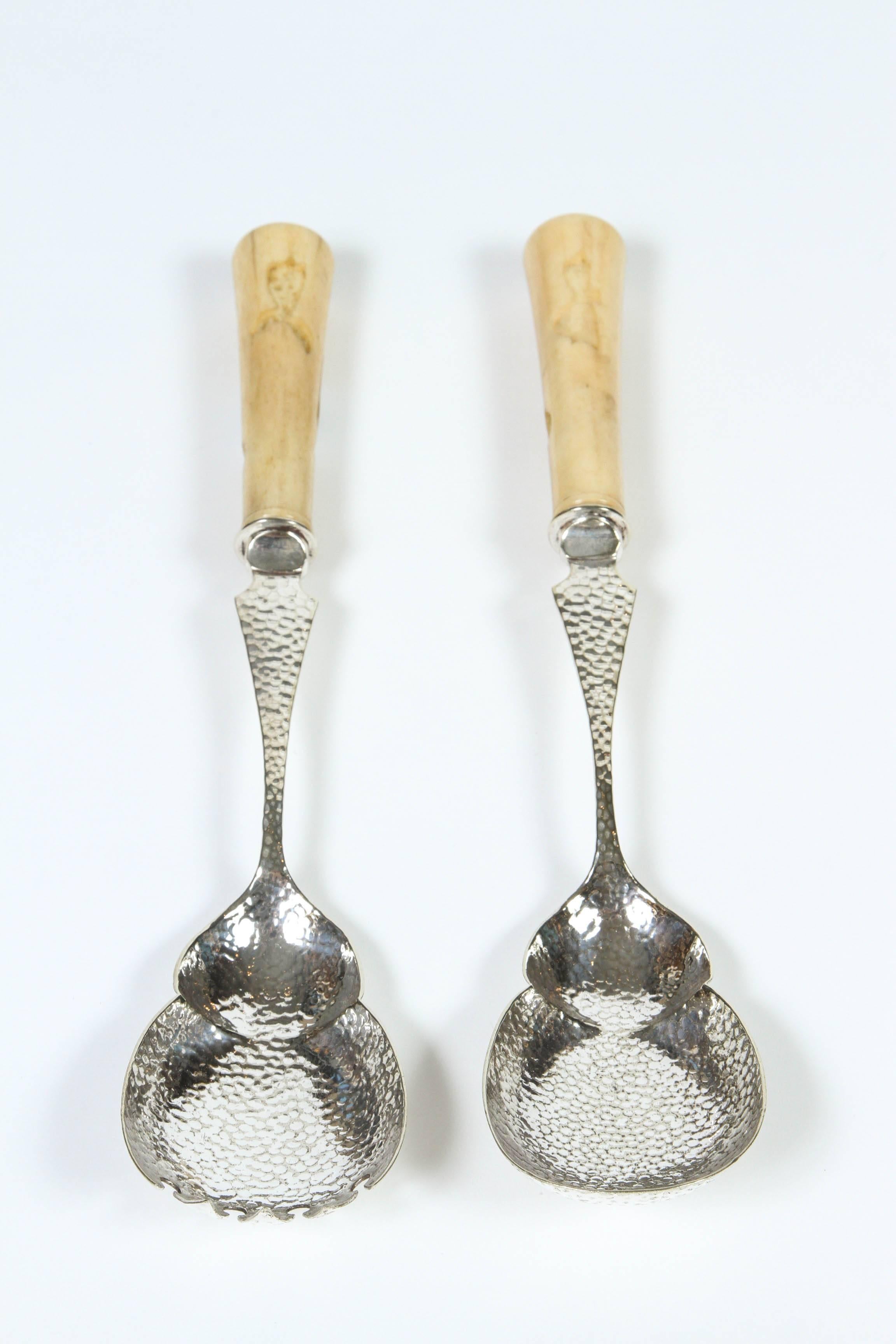 Hammered Antique Silver Plate Salad Servers with Bone Handle