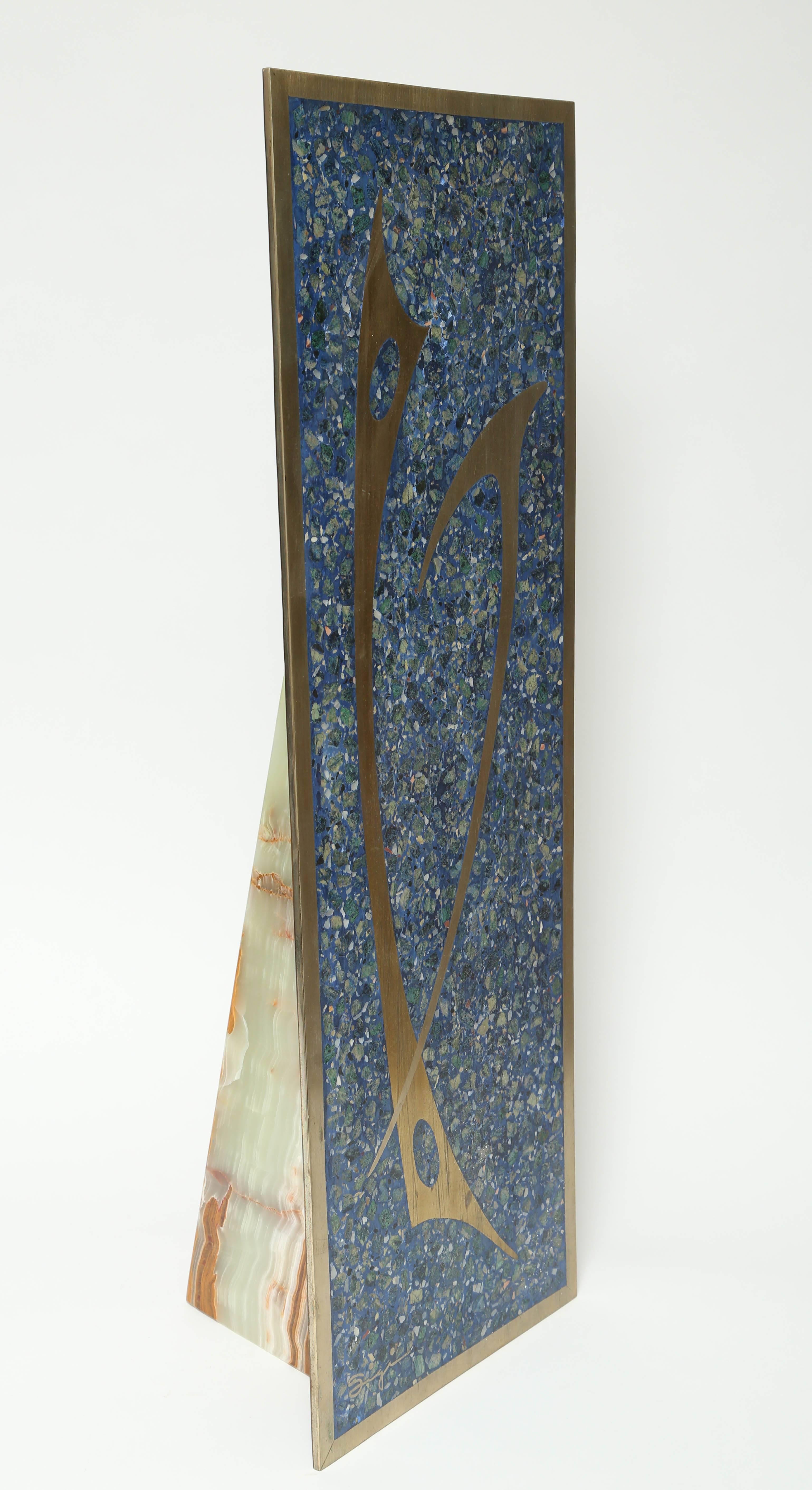 Mid-Century Modern Abstract Sigi Pineda Sculpture Mosaic Lapis or Bronze Plaque For Sale 2