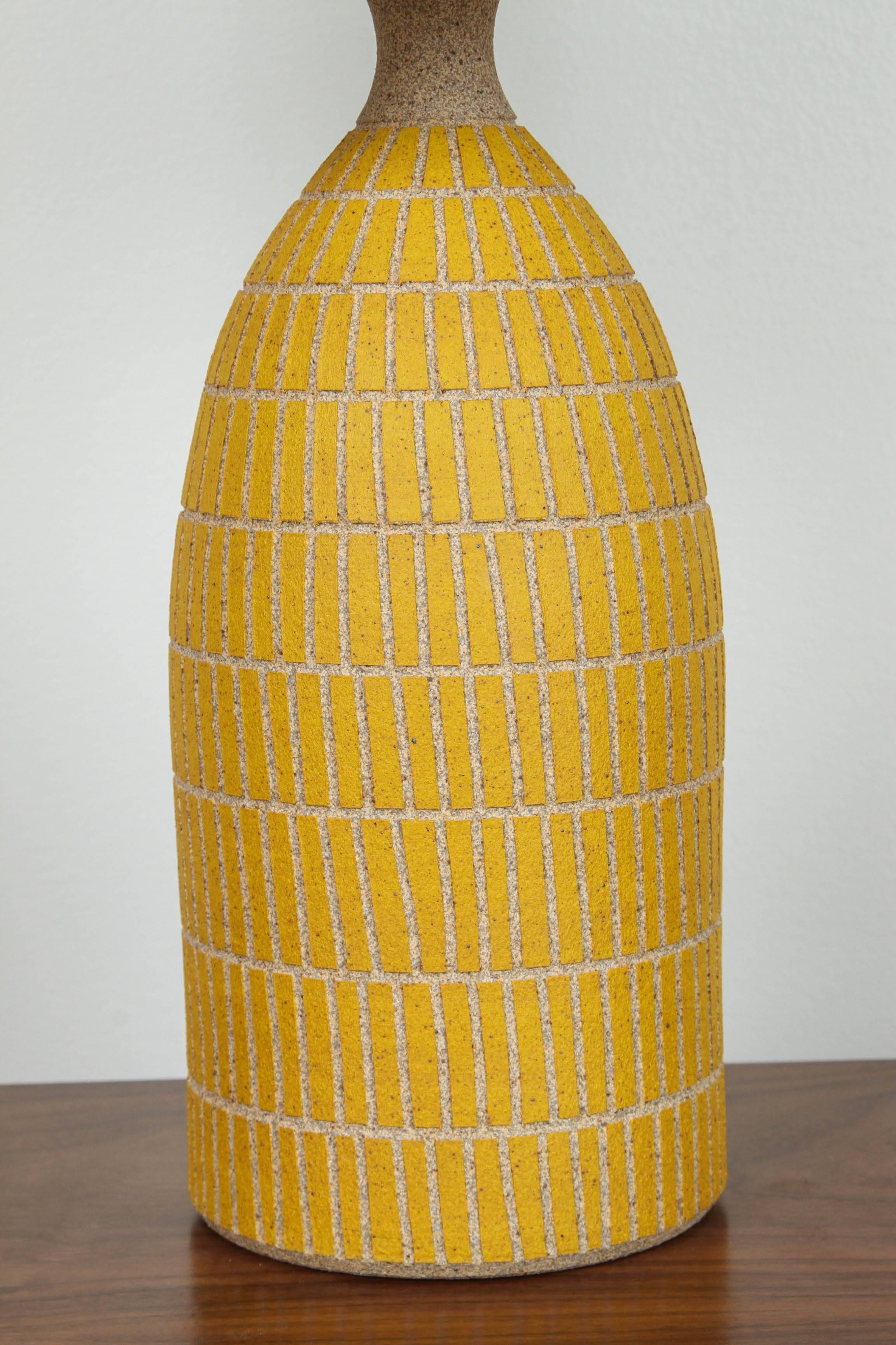 Yellow etched tile ceramic lamp by Meredith Metcalf.