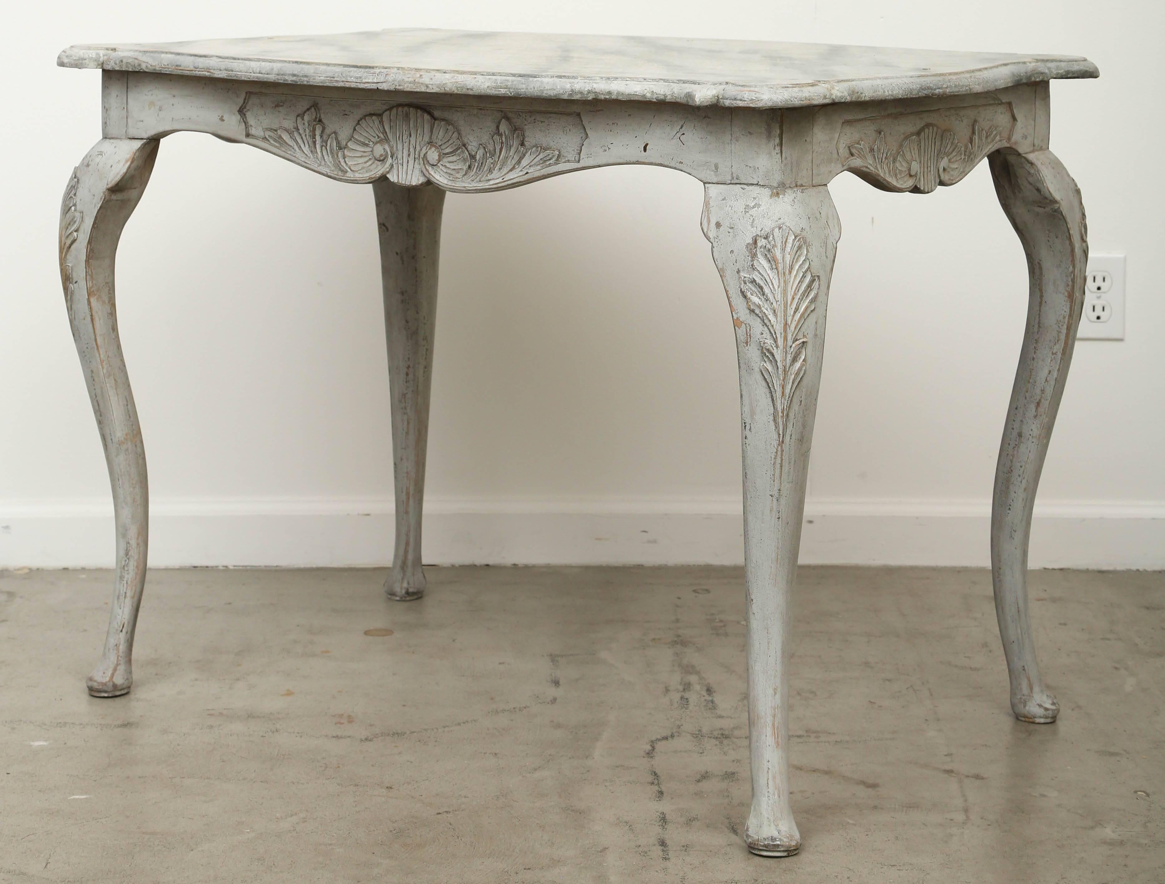 Antique Swedish Rococo Carved Large Painted Table Faux Marble Top, 19th Century In Good Condition In West Palm Beach, FL