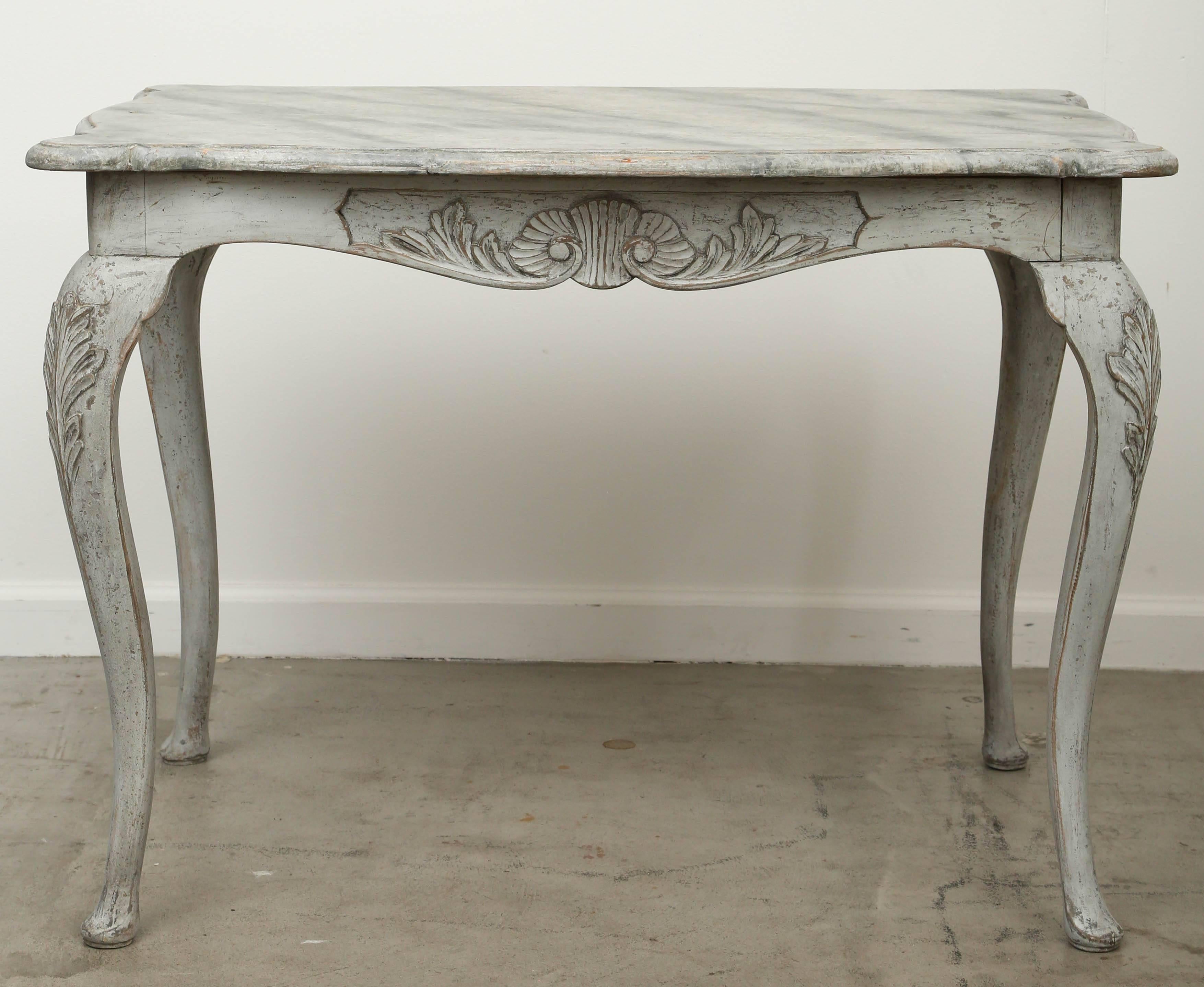 Pine Antique Swedish Rococo Carved Large Painted Table Faux Marble Top, 19th Century