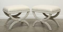 Pair Antique Swedish Gustavian style painted X-base stools, Early 19th Century