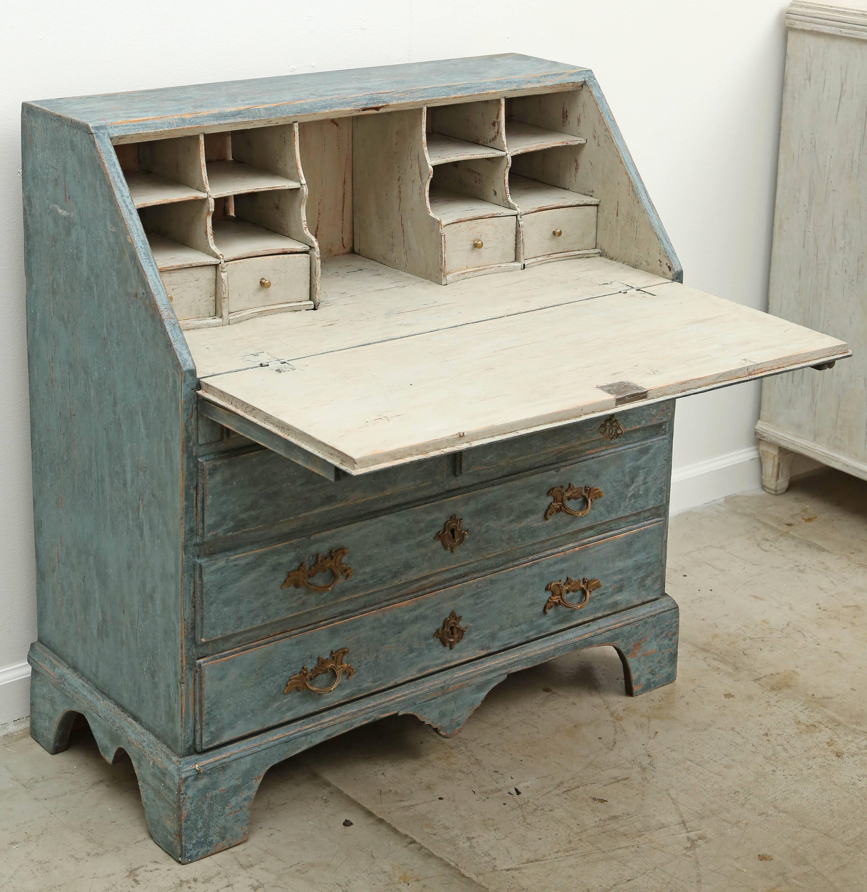 Wood Antique Swedish Blue Slant Front Secretary Desk Early, 19th Century
