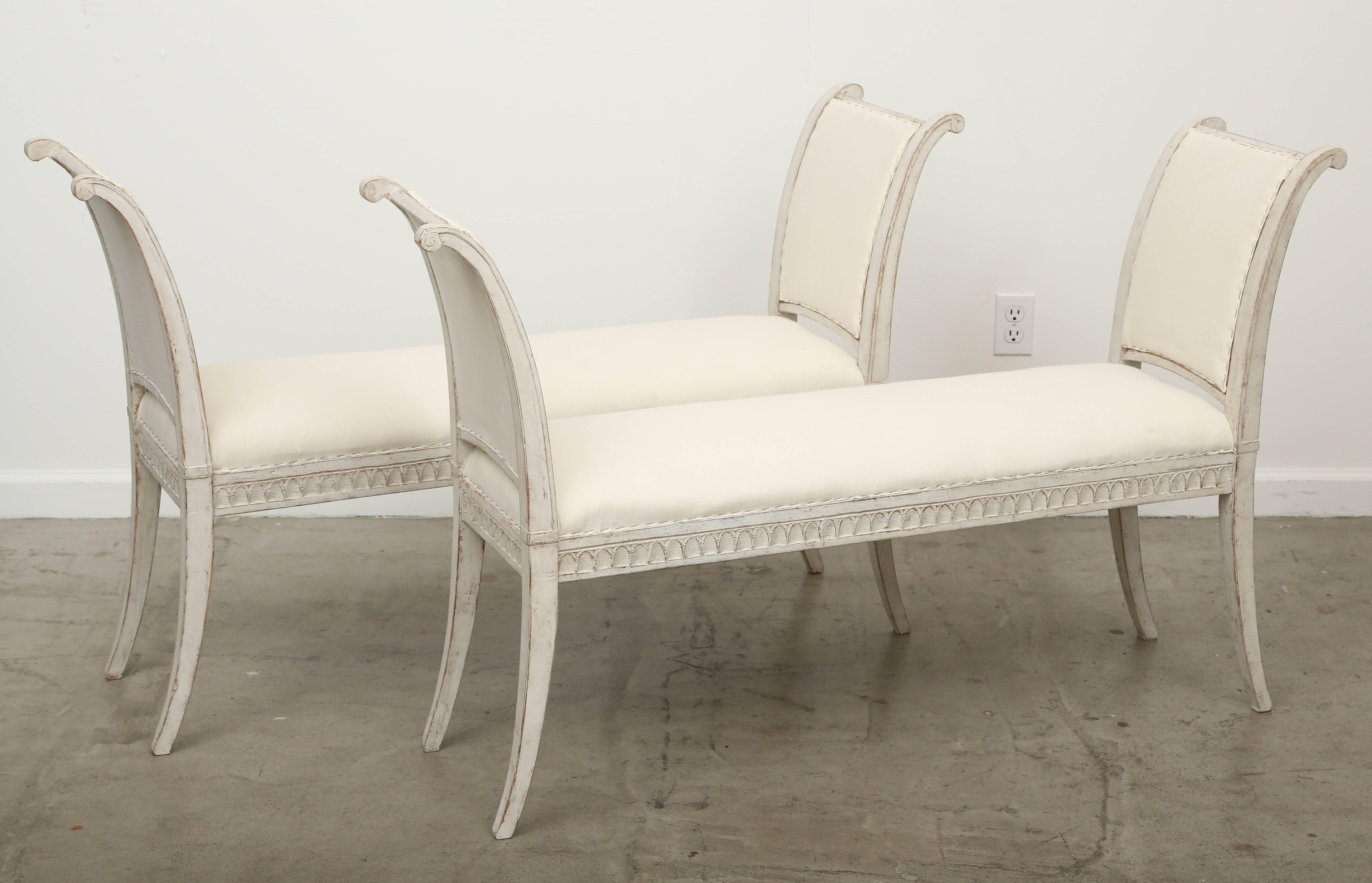 Painted Pair of Antique Swedish Gustavian Benches with Curved Arms, Mid-19th Century
