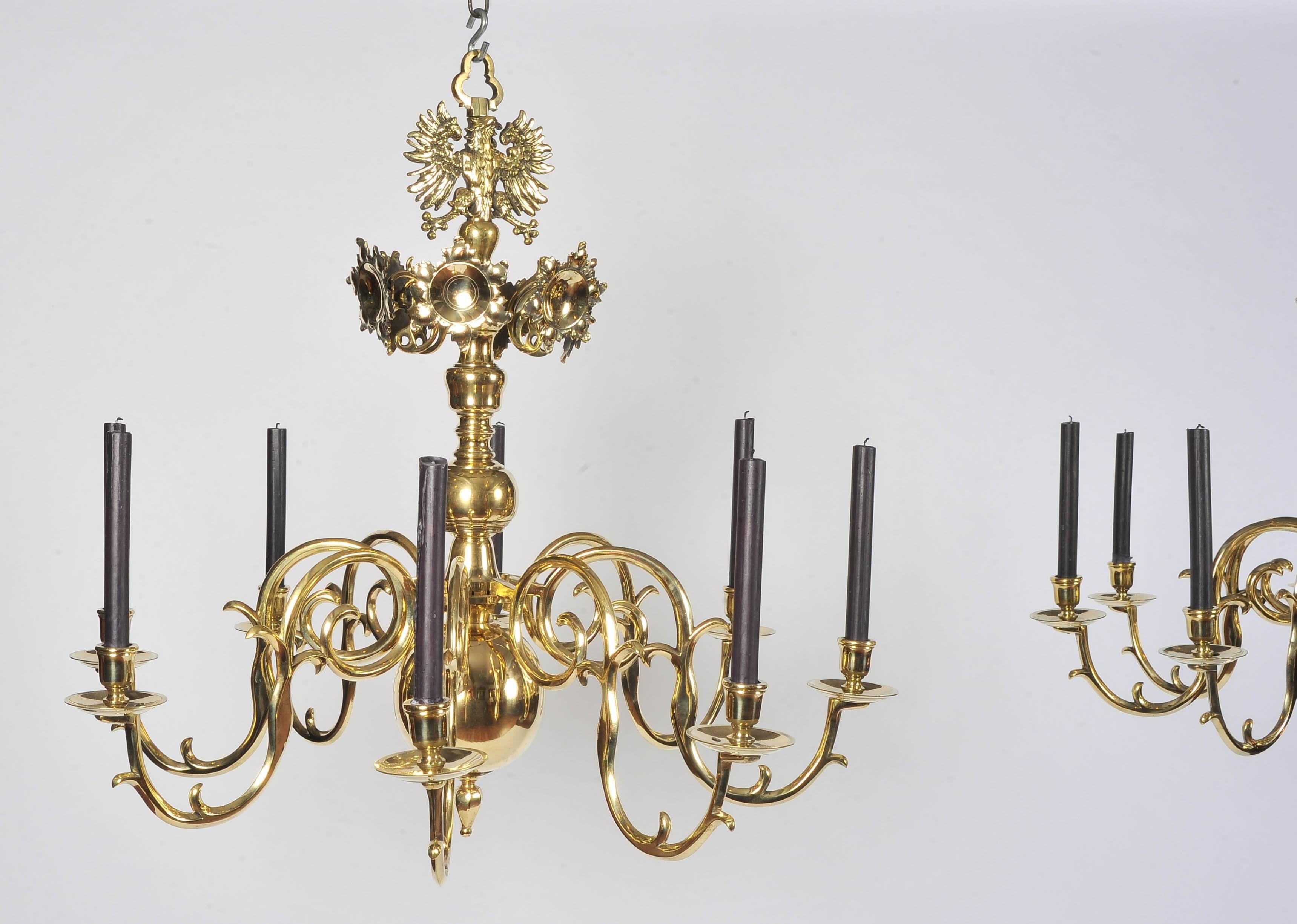 Pair of Mid-19th Century Eight-Branch Brass Chandeliers, possibly Austrian. In Excellent Condition In London, GB