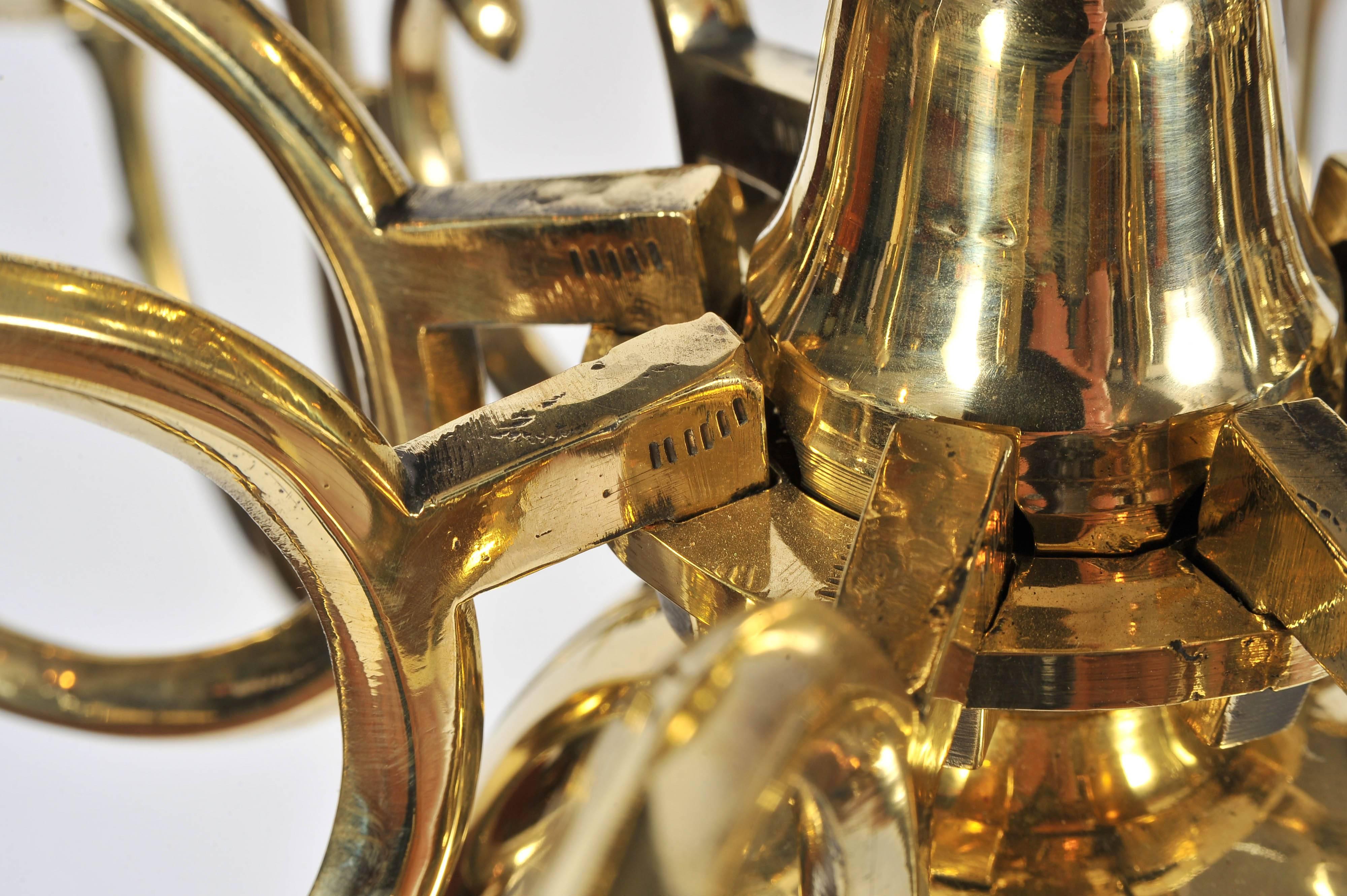 Pair of Mid-19th Century Eight-Branch Brass Chandeliers, possibly Austrian. 6