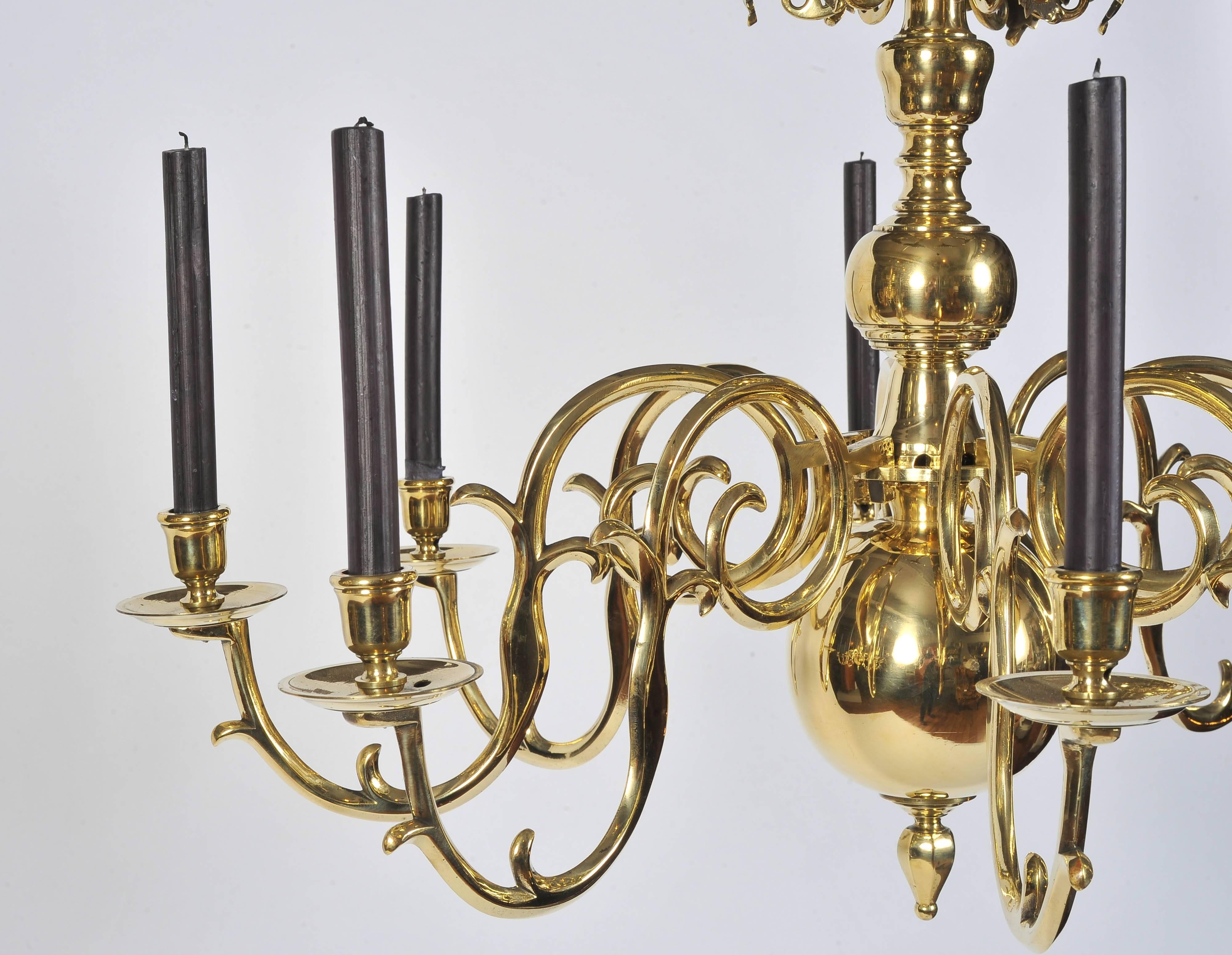 Pair of Mid-19th Century Eight-Branch Brass Chandeliers, possibly Austrian. 7