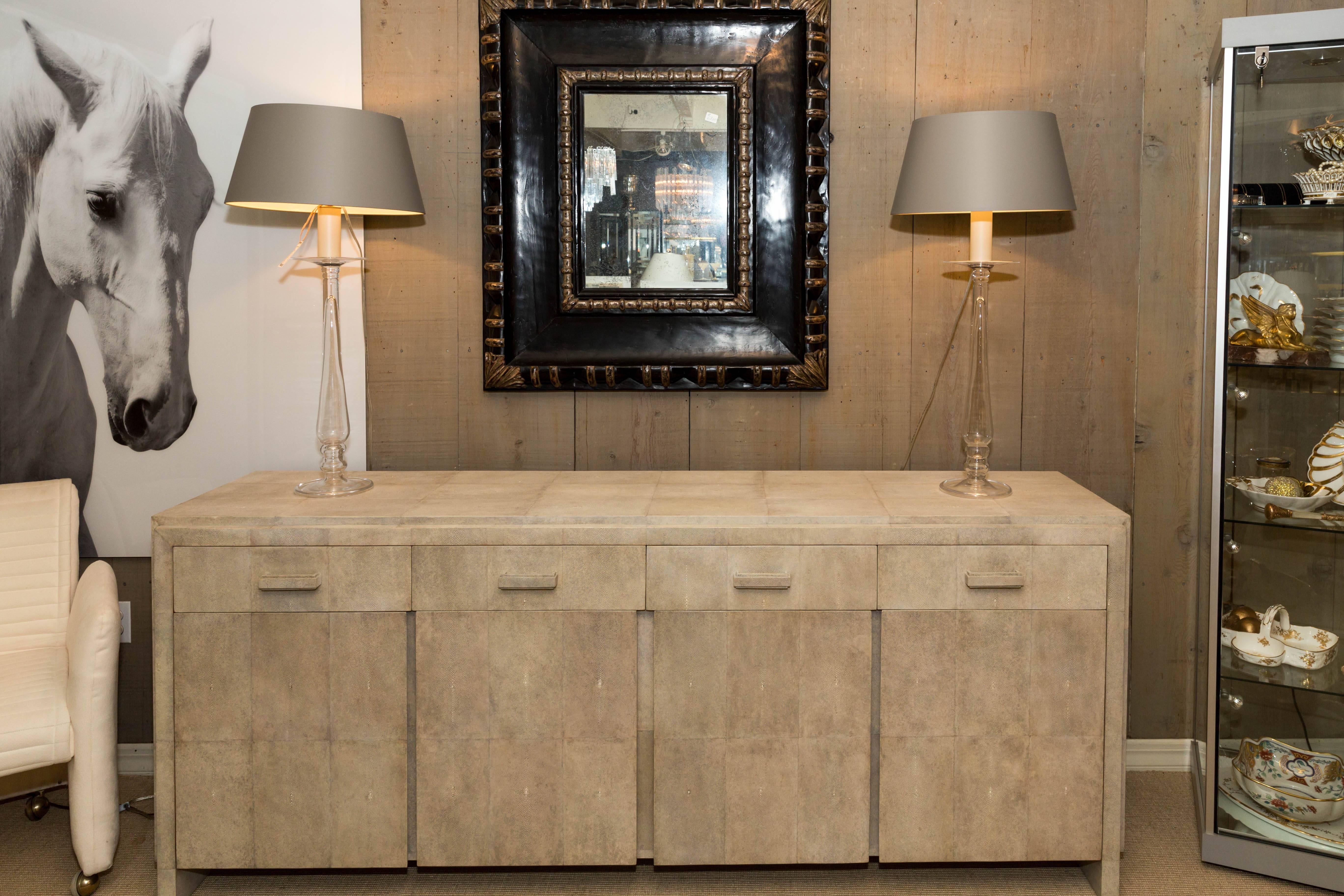 Attractive natural shagreen buffet with four drawers and two cabinets.