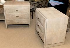 Pair of Natural Shagreen Three-Drawer Nightstands with Bronze Drawer Pulls