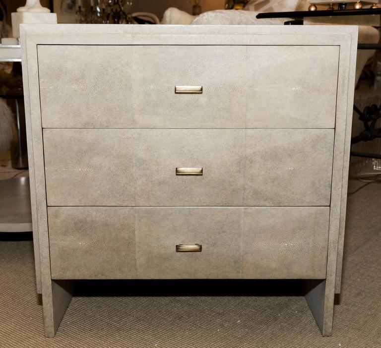 Pair of Natural Shagreen ThreeDrawer Nightstands with Bronze Drawer