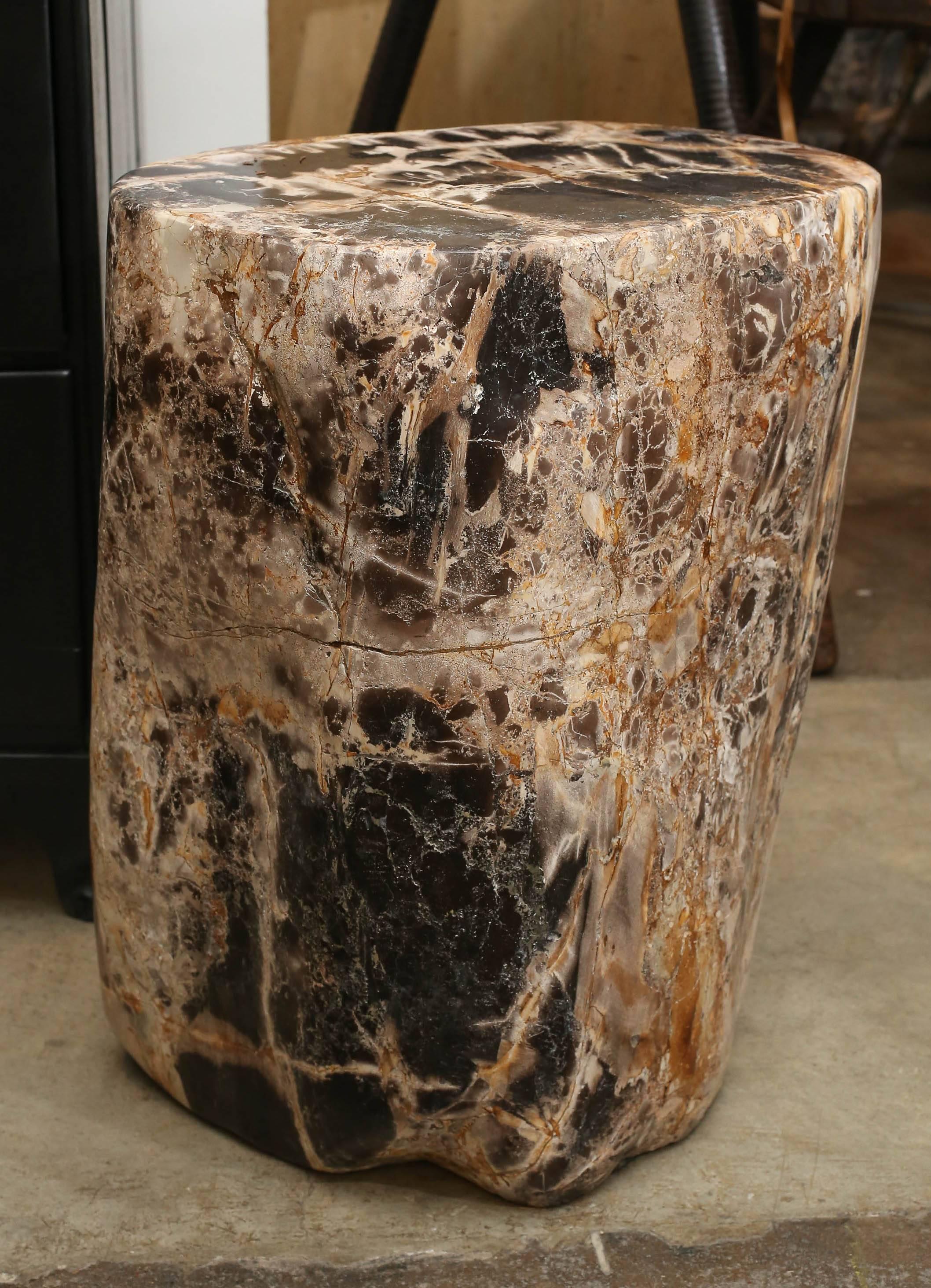 Petrified wood side table. Surface cracks are superficial and natural to the stone.