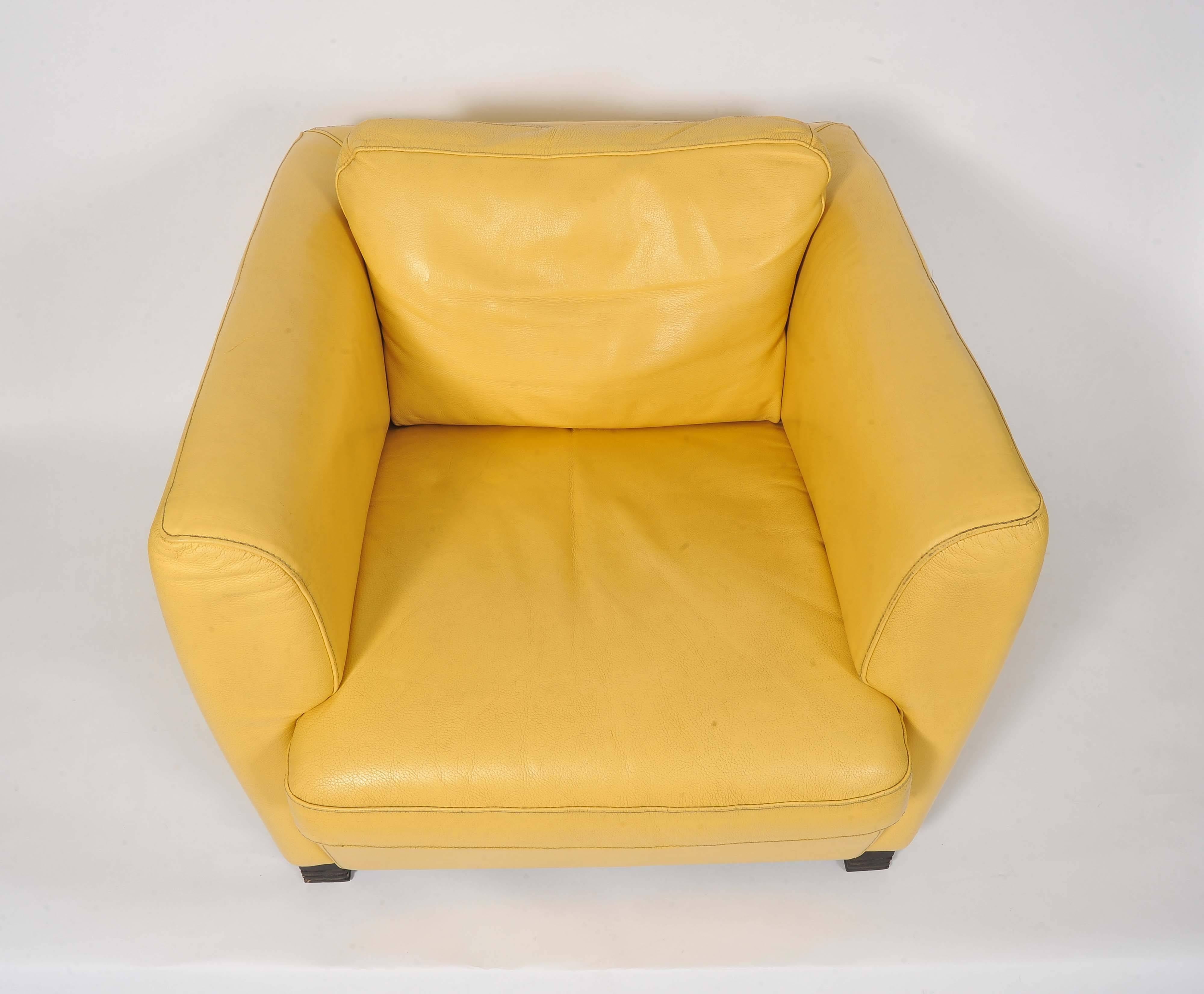 Pair of French 1960s Cream/Yellow Leather Club Chairs 1