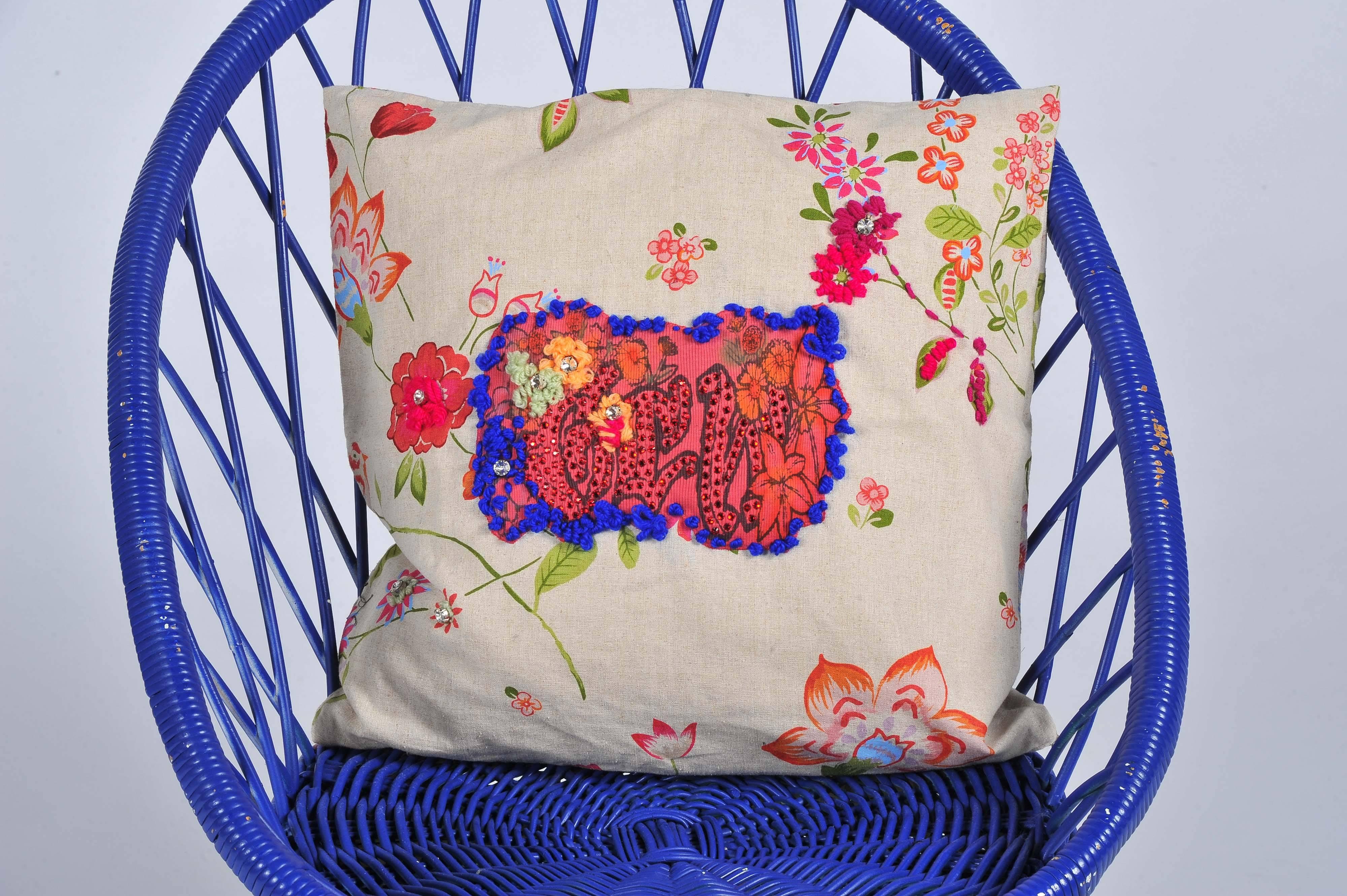 Crystal Unique Handmade Bohemian Colourful Floral Patterned Small Cushion For Sale