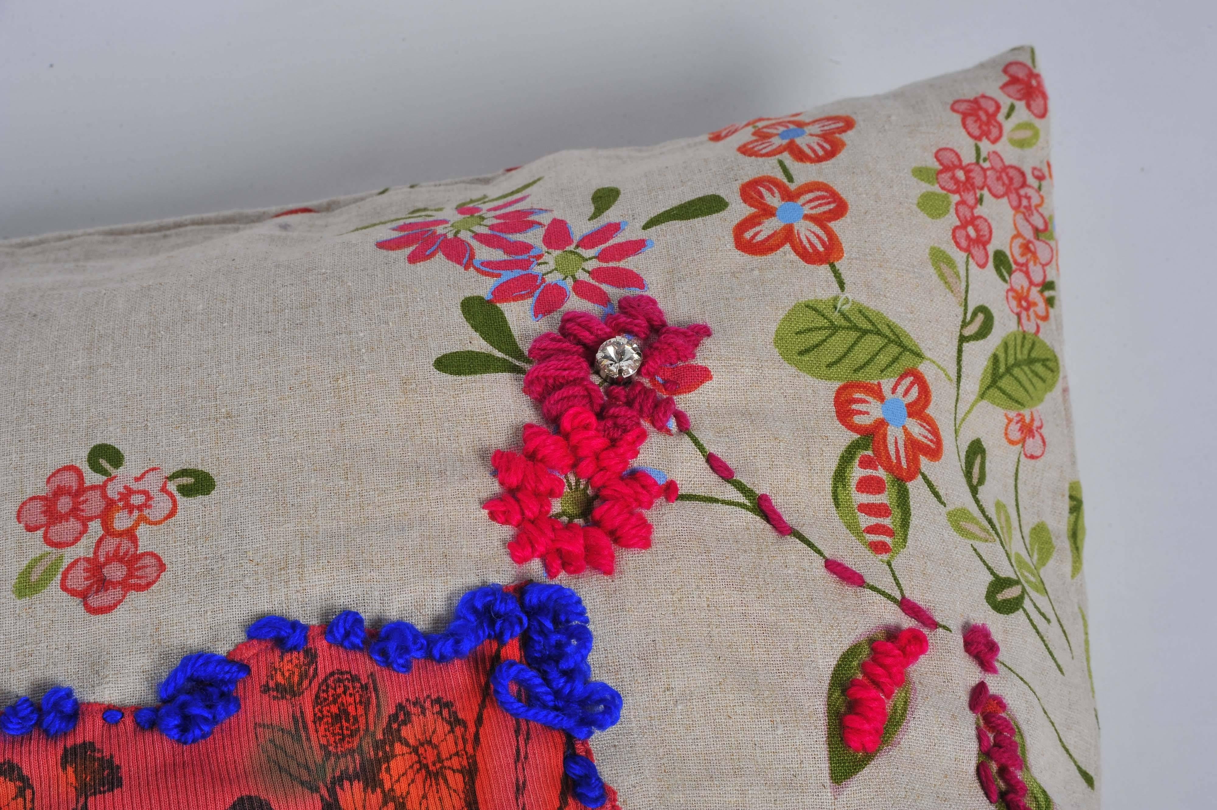 British Unique Handmade Bohemian Colourful Floral Patterned Small Cushion For Sale