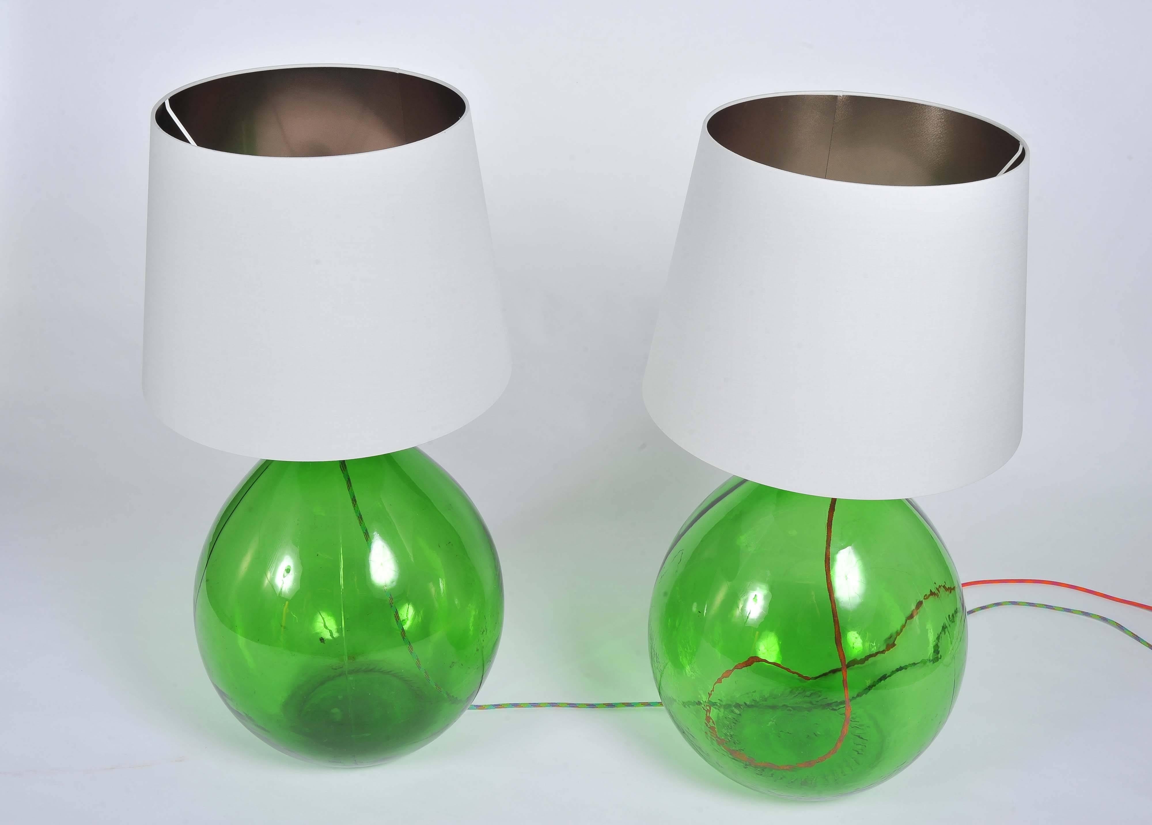 Rustic Pair of Vintage Handmade Green Demijohn Glass Bottles Table/Floor Lamps