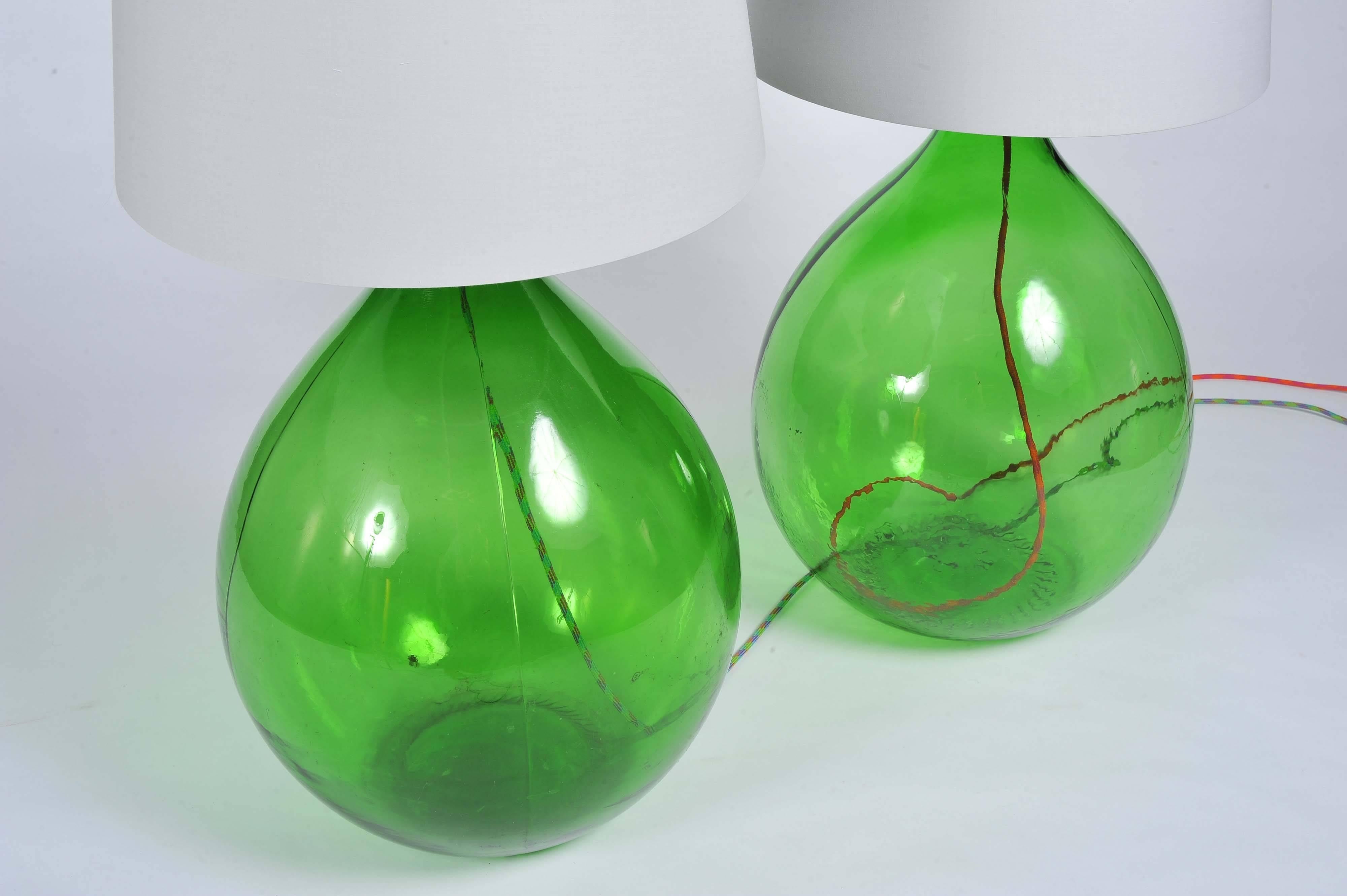 Contemporary Pair of Vintage Handmade Green Demijohn Glass Bottles Table/Floor Lamps