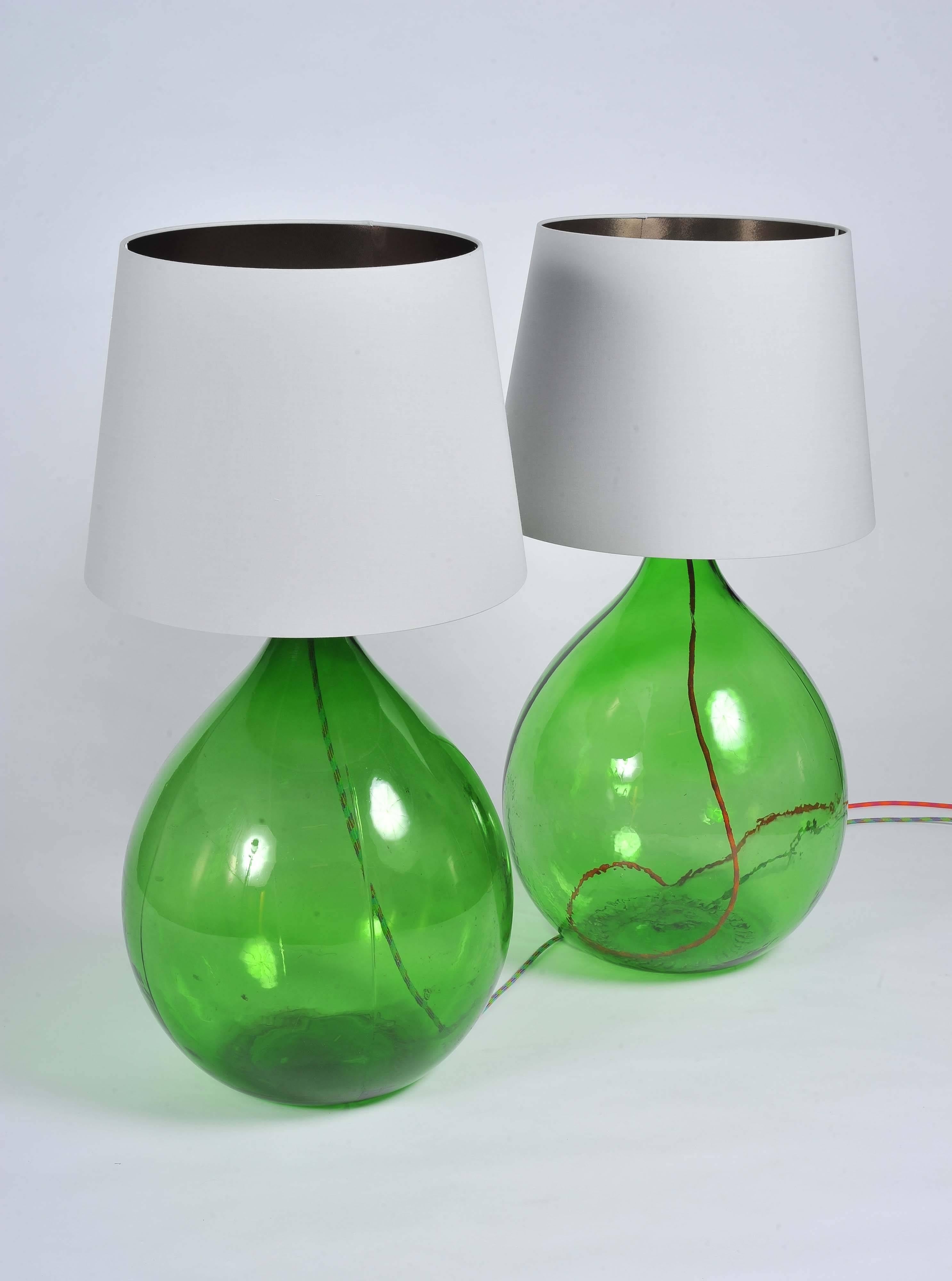 British Pair of Vintage Handmade Green Demijohn Glass Bottles Table/Floor Lamps
