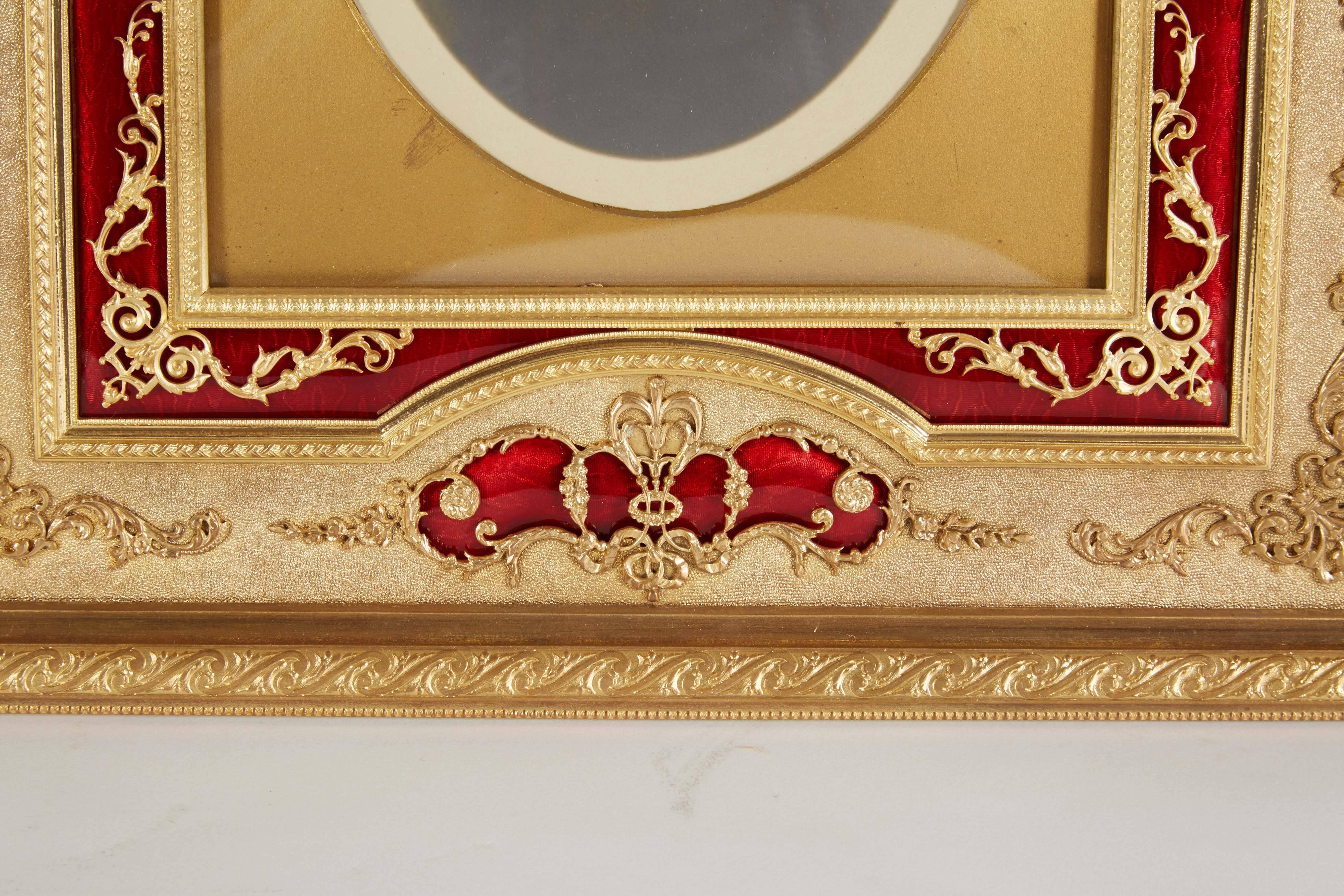 Belle Époque Large French Gilt Bronze Ormolu and Red Guilloche Enamel Picture Photo Frame