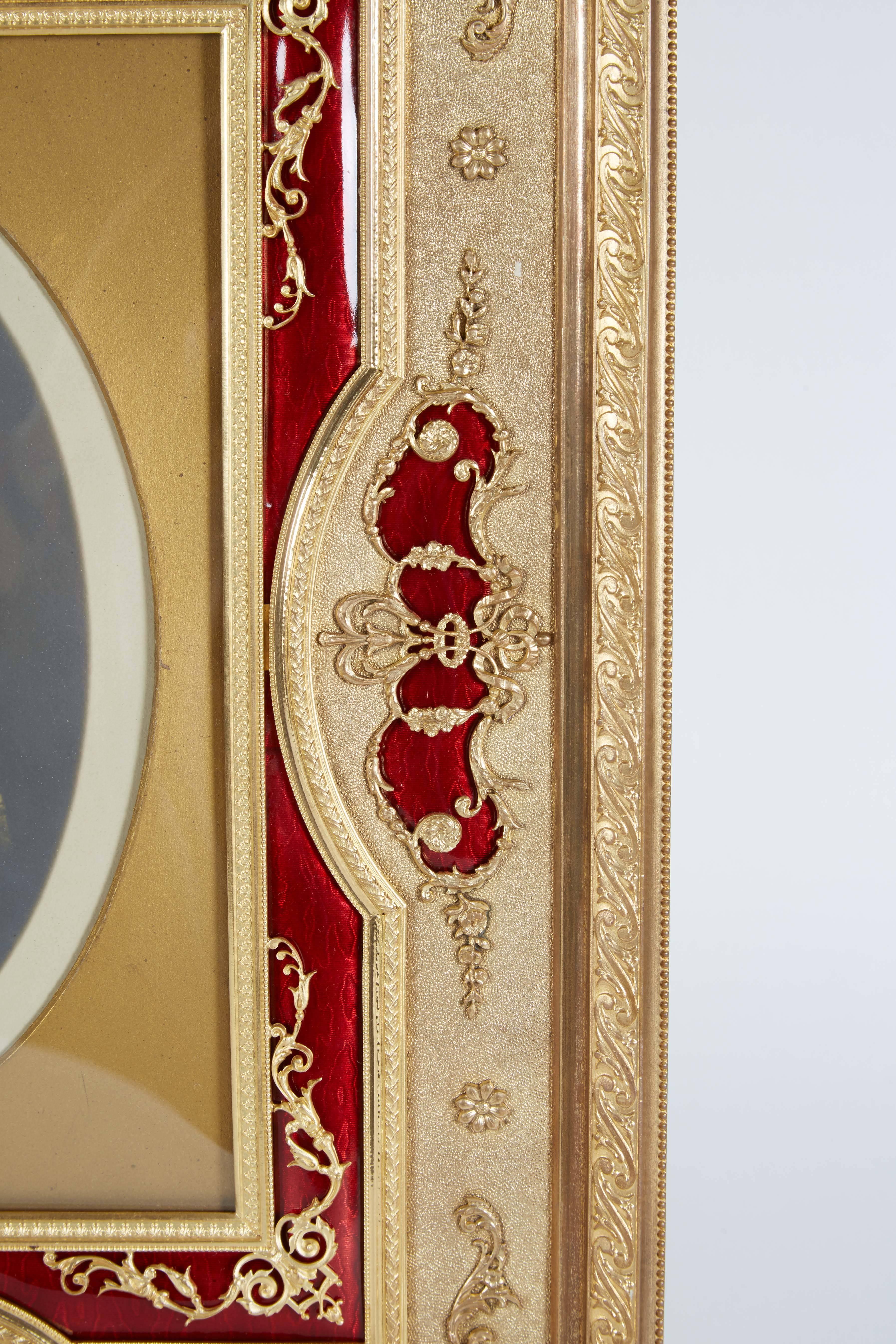 Large French Gilt Bronze Ormolu and Red Guilloche Enamel Picture Photo Frame In Excellent Condition In New York, NY