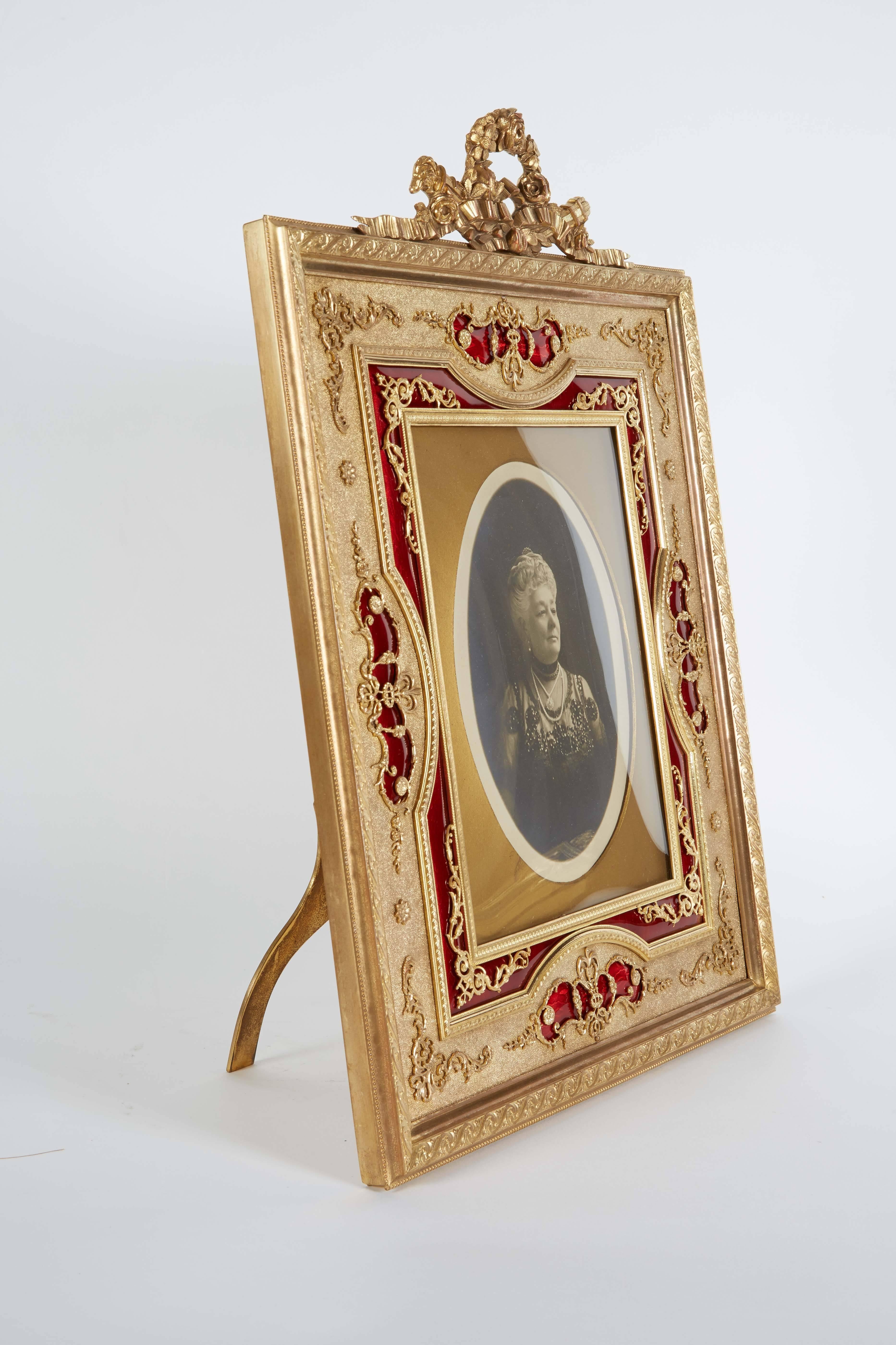 19th Century Large French Gilt Bronze Ormolu and Red Guilloche Enamel Picture Photo Frame
