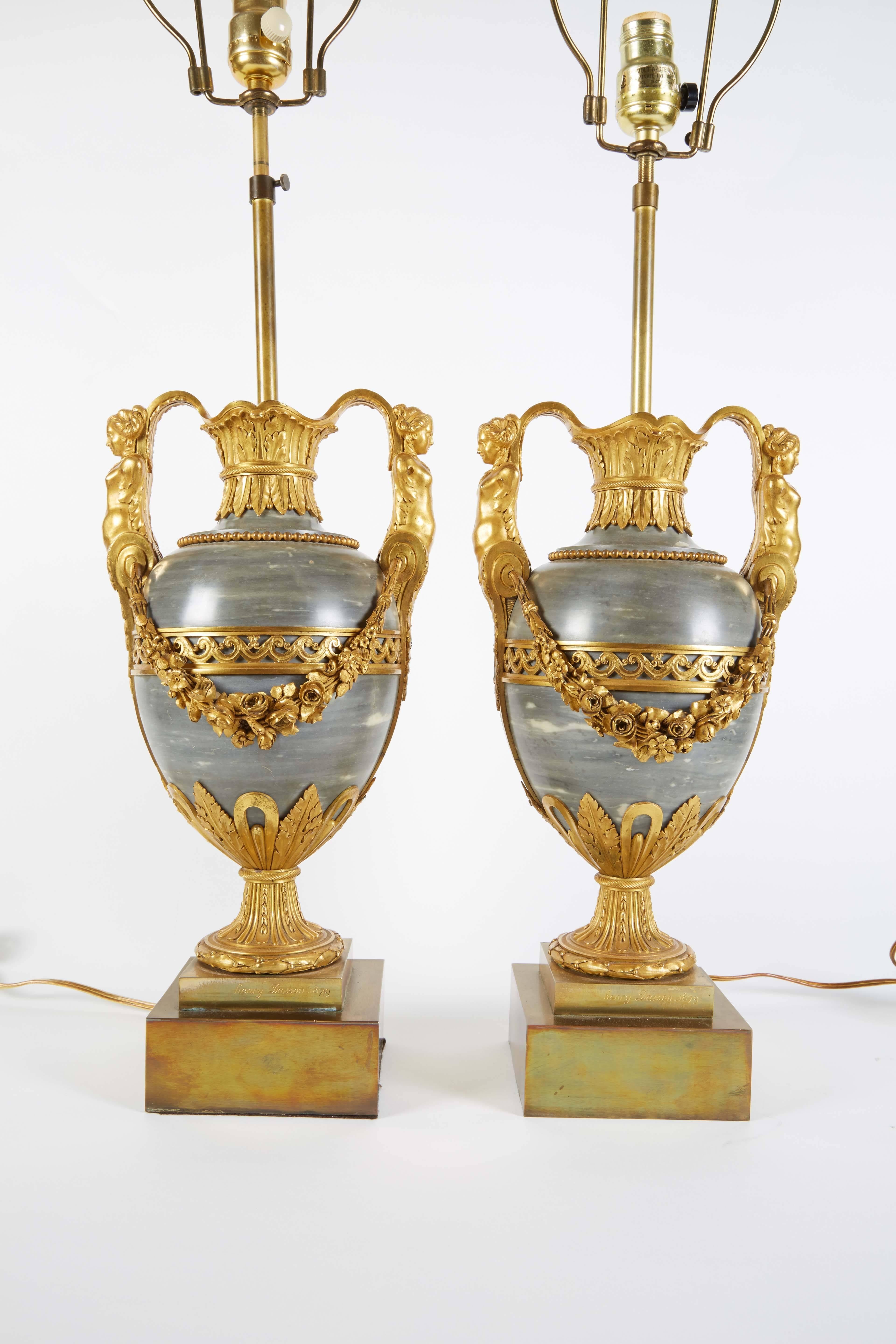Pair of French Ormolu-Mounted Bleu Turquin Marble Lamps Vases by Henry Dasson In Excellent Condition In New York, NY