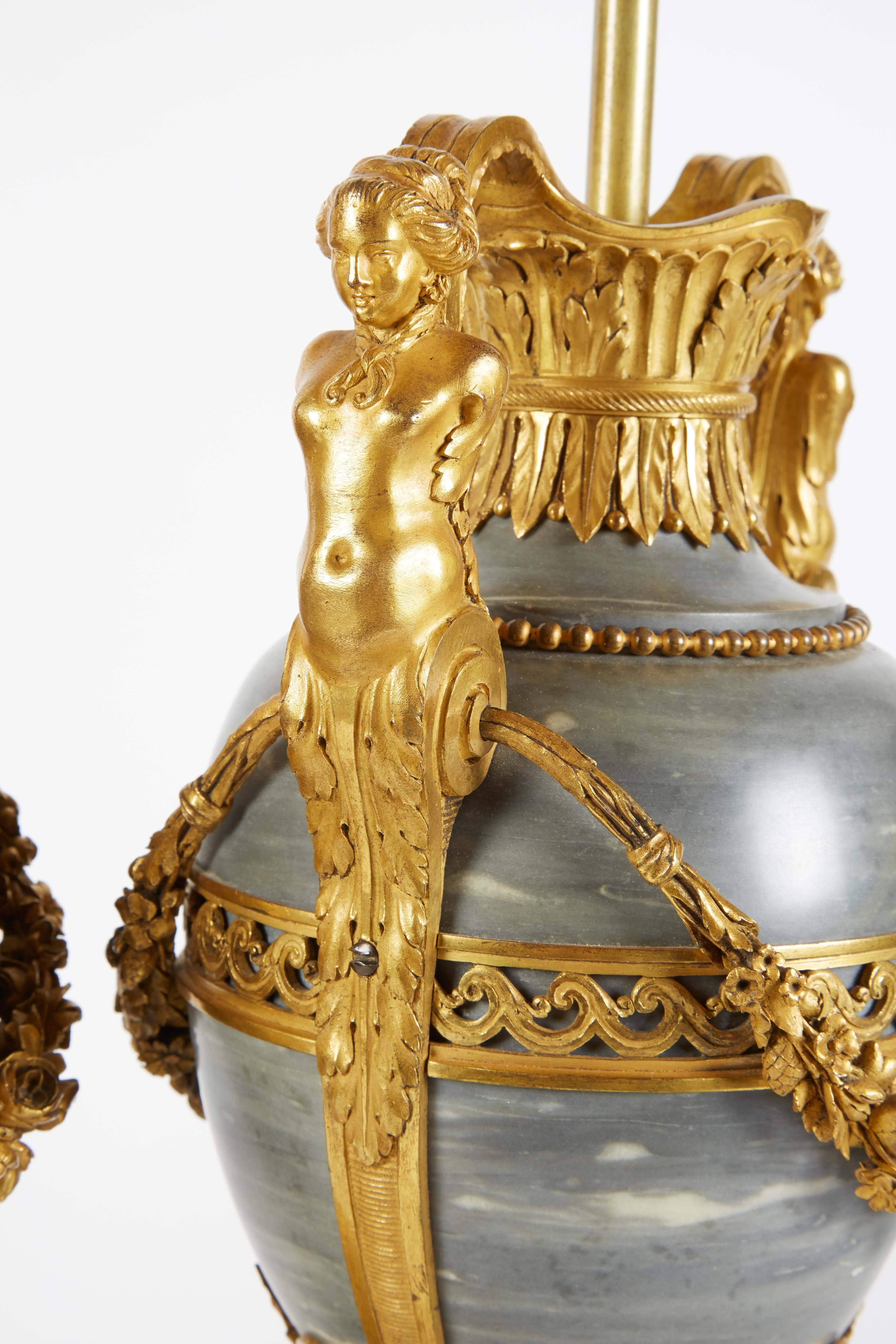 Bronze Pair of French Ormolu-Mounted Bleu Turquin Marble Lamps Vases by Henry Dasson