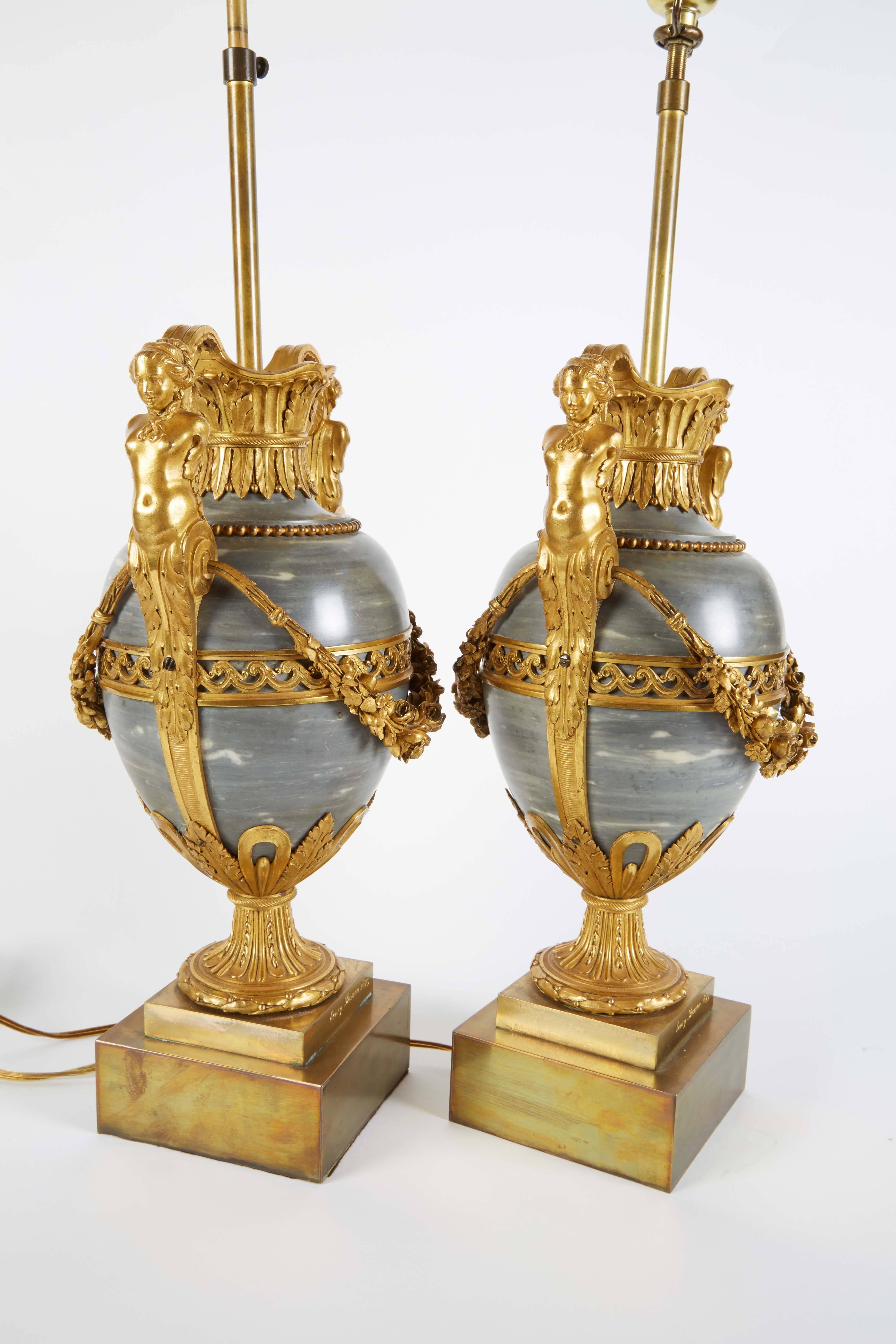 Pair of French Ormolu-Mounted Bleu Turquin Marble Lamps Vases by Henry Dasson 1