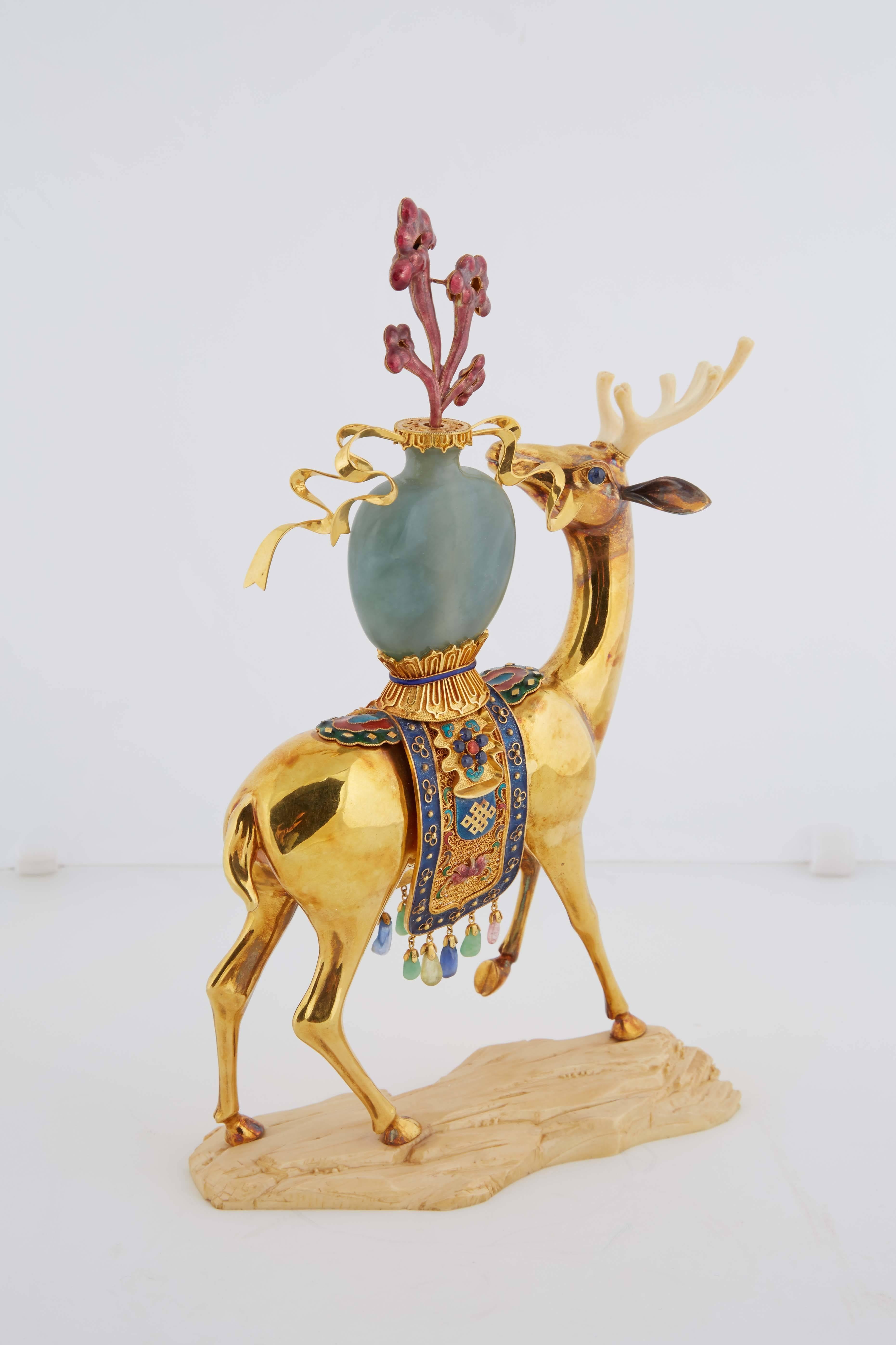 20th Century Chinese 18-karat Solid Gold Enamel and Precious Stone Deer with Jade