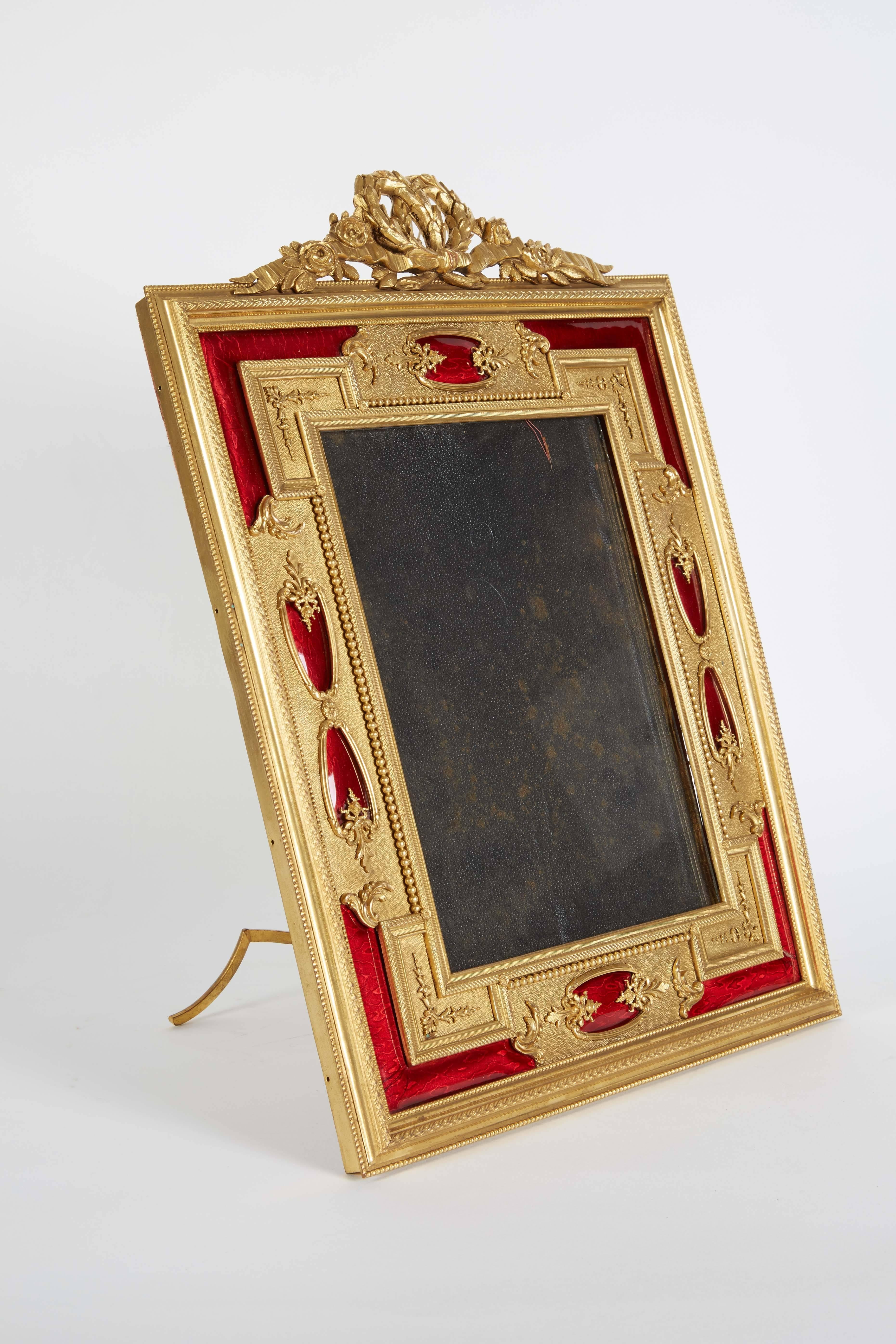 French Gilt Bronze Ormolu and Red Guilloche Enamel Picture Photo Frame 2
