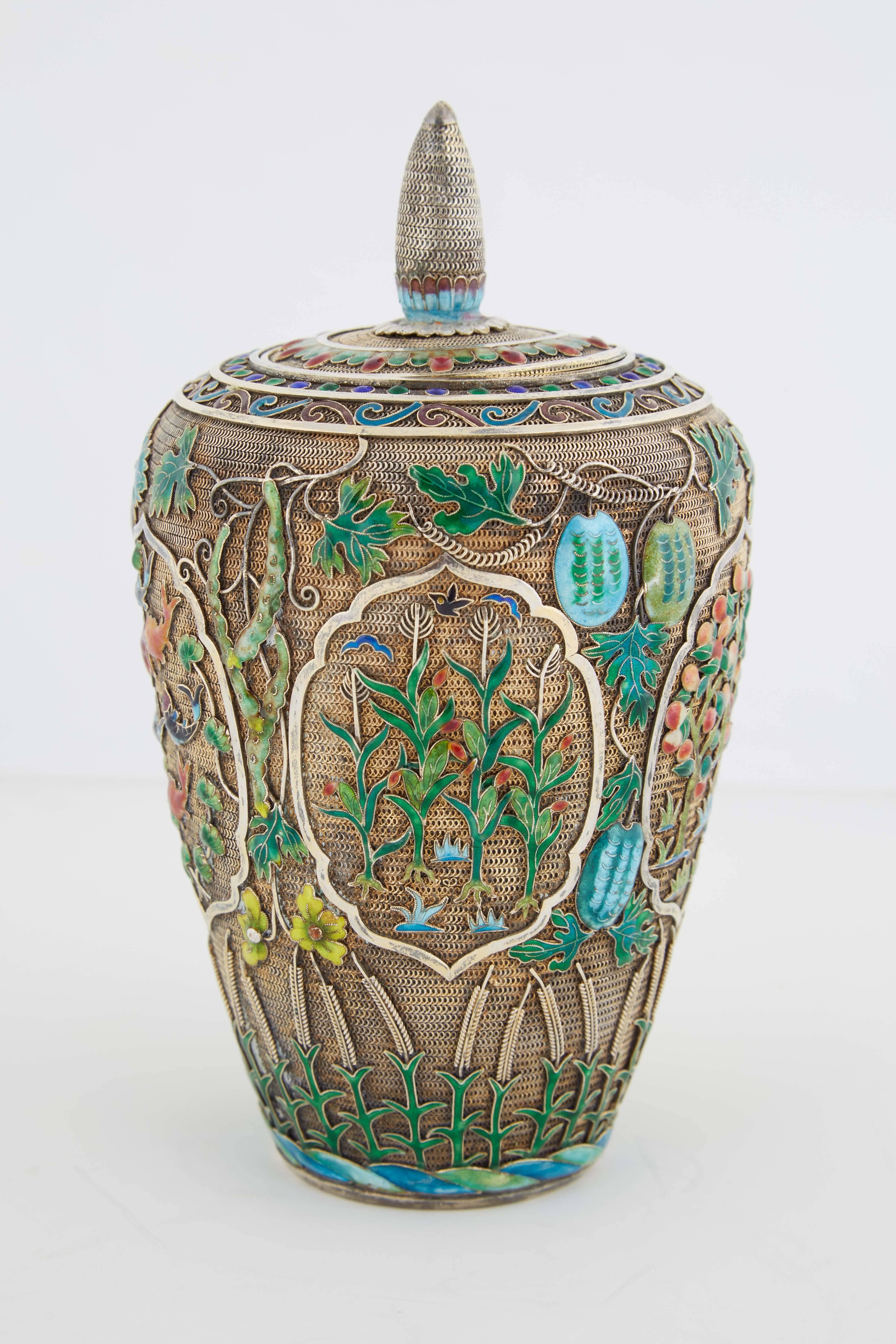 20th Century Chinese Silver Filigree and Enamel Enameled Tea Caddy