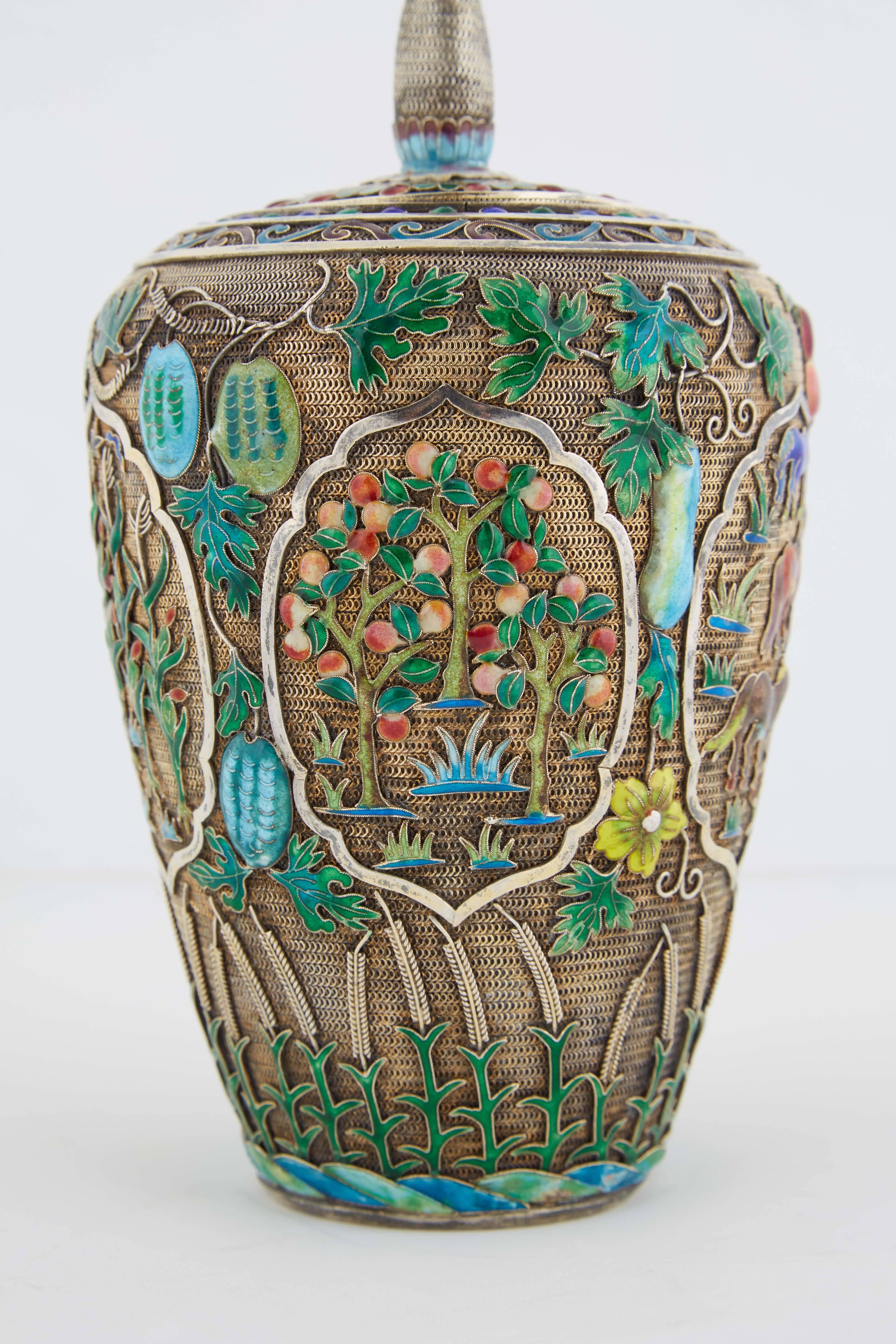 Chinese Silver Filigree and Enamel Enameled Tea Caddy 1