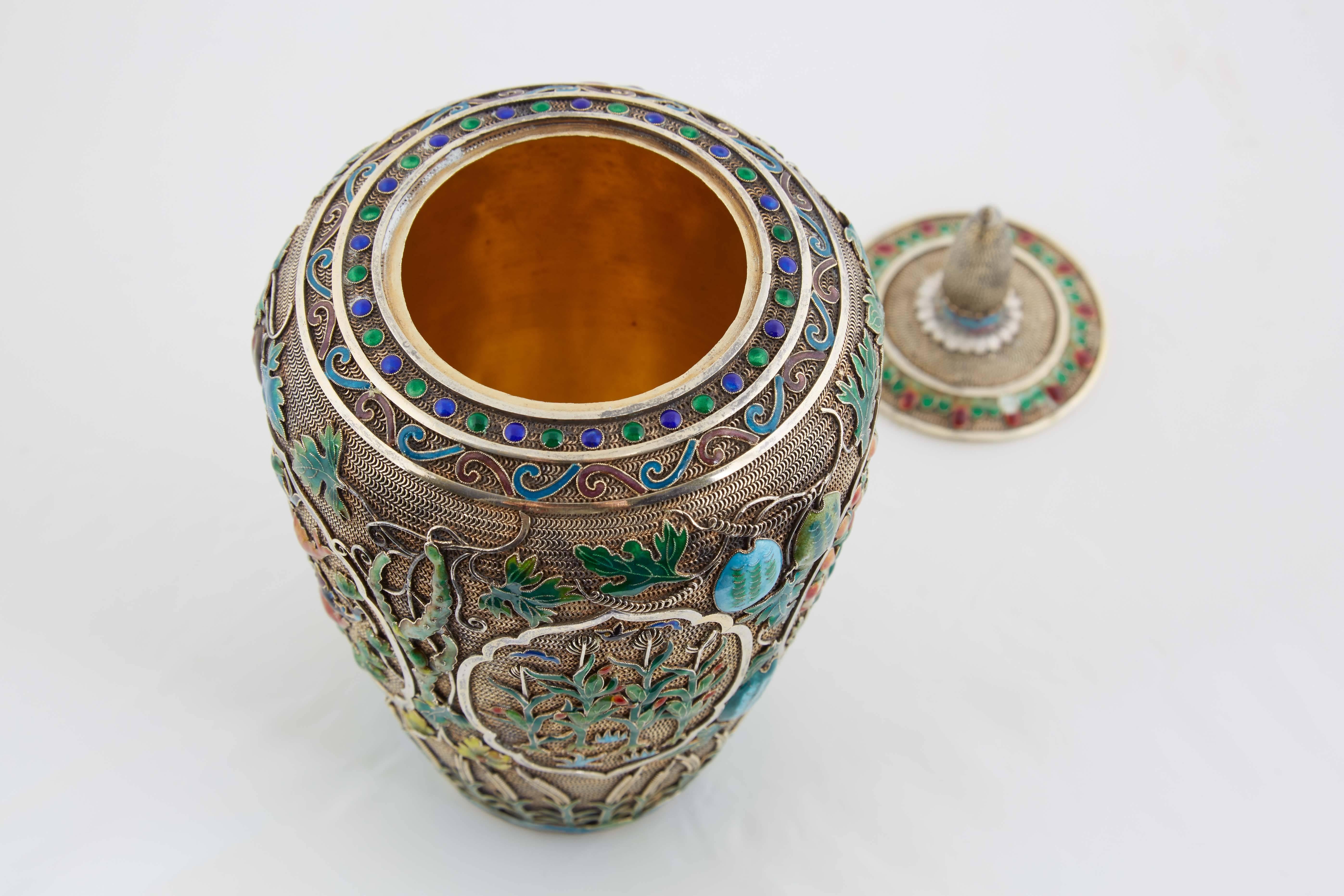 Chinese Silver Filigree and Enamel Enameled Tea Caddy 3