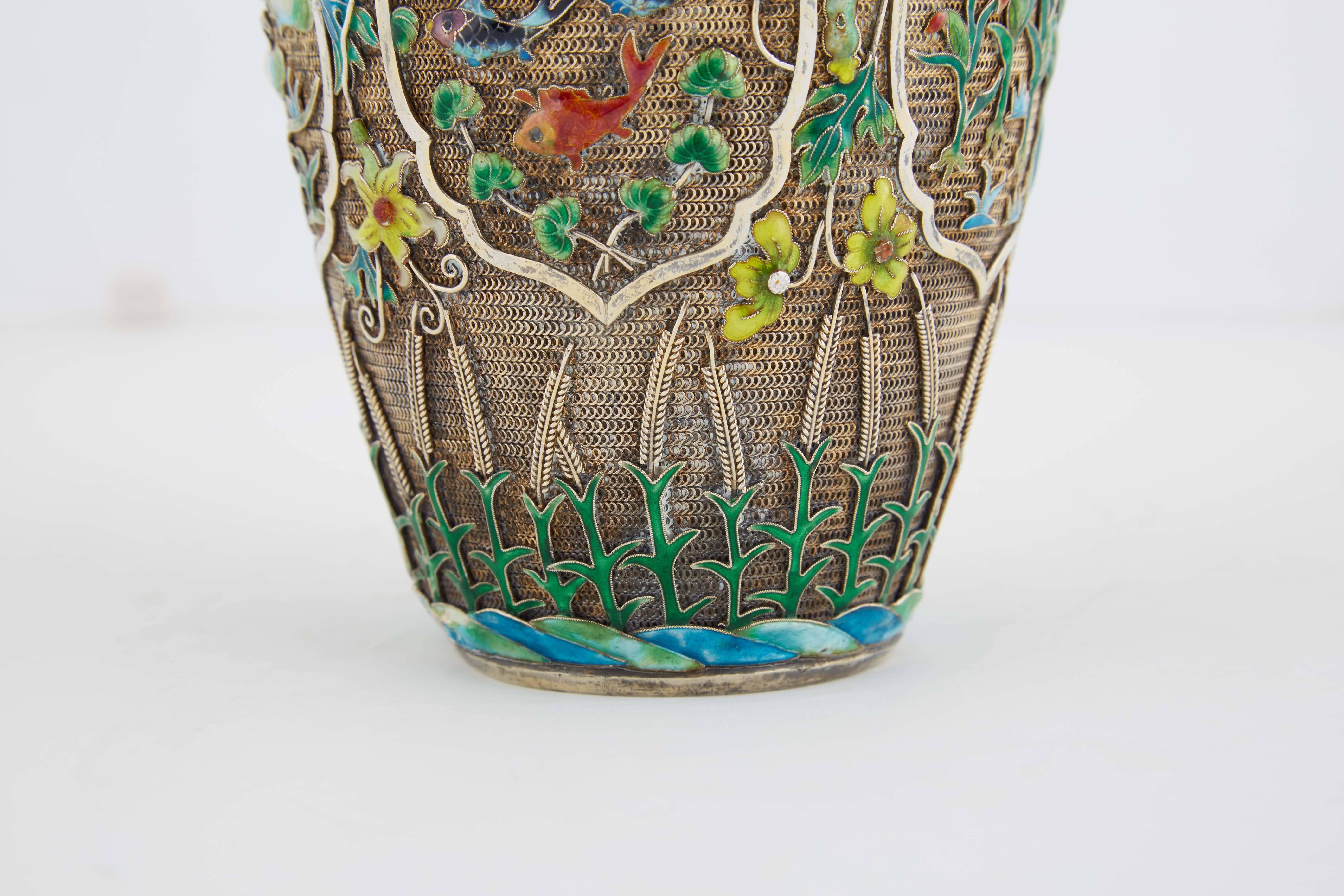 Chinese Silver Filigree and Enamel Enameled Tea Caddy 5