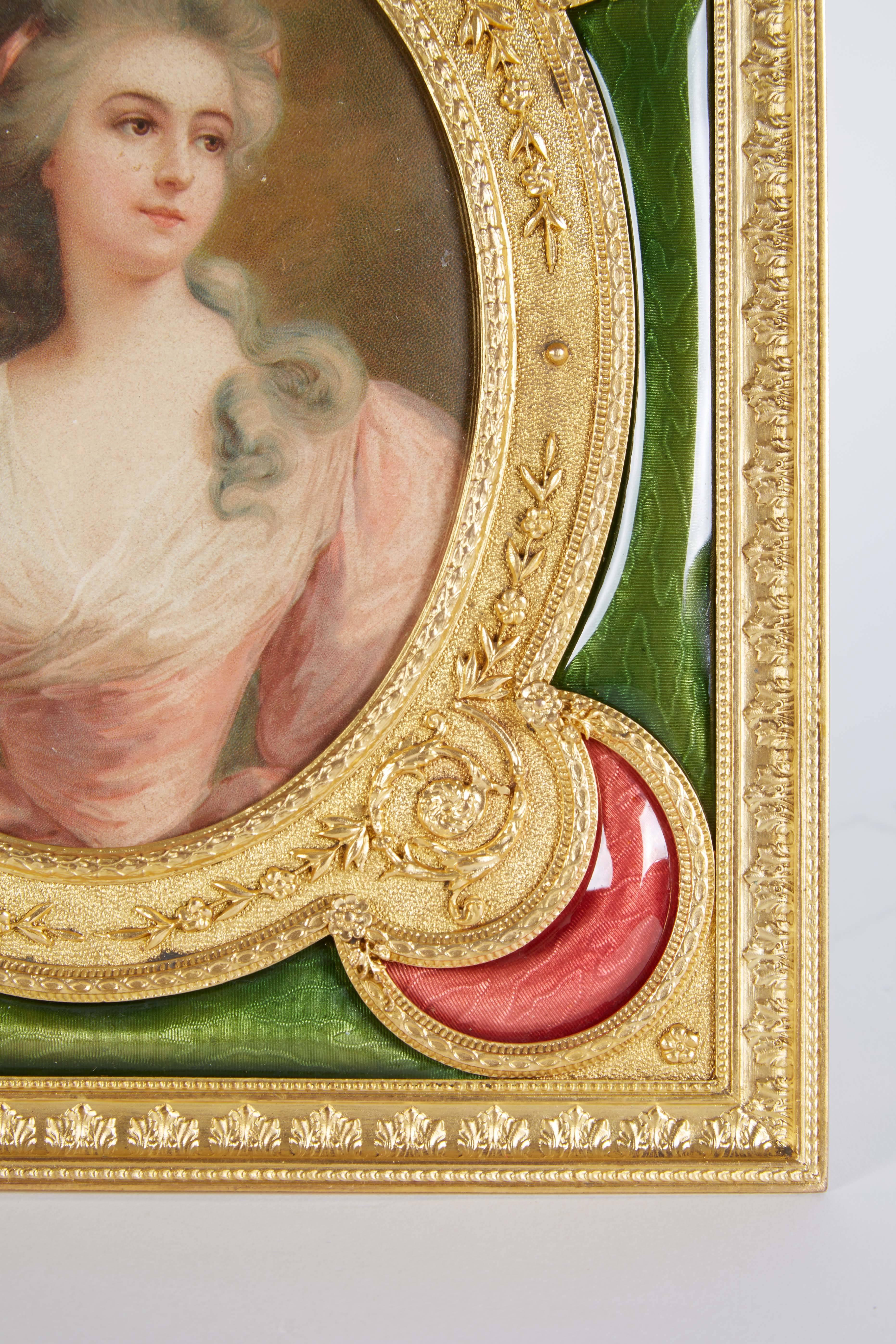 19th Century French Gilt Bronze Ormolu Pink and Green Guilloche Enamel Picture Photo Frame