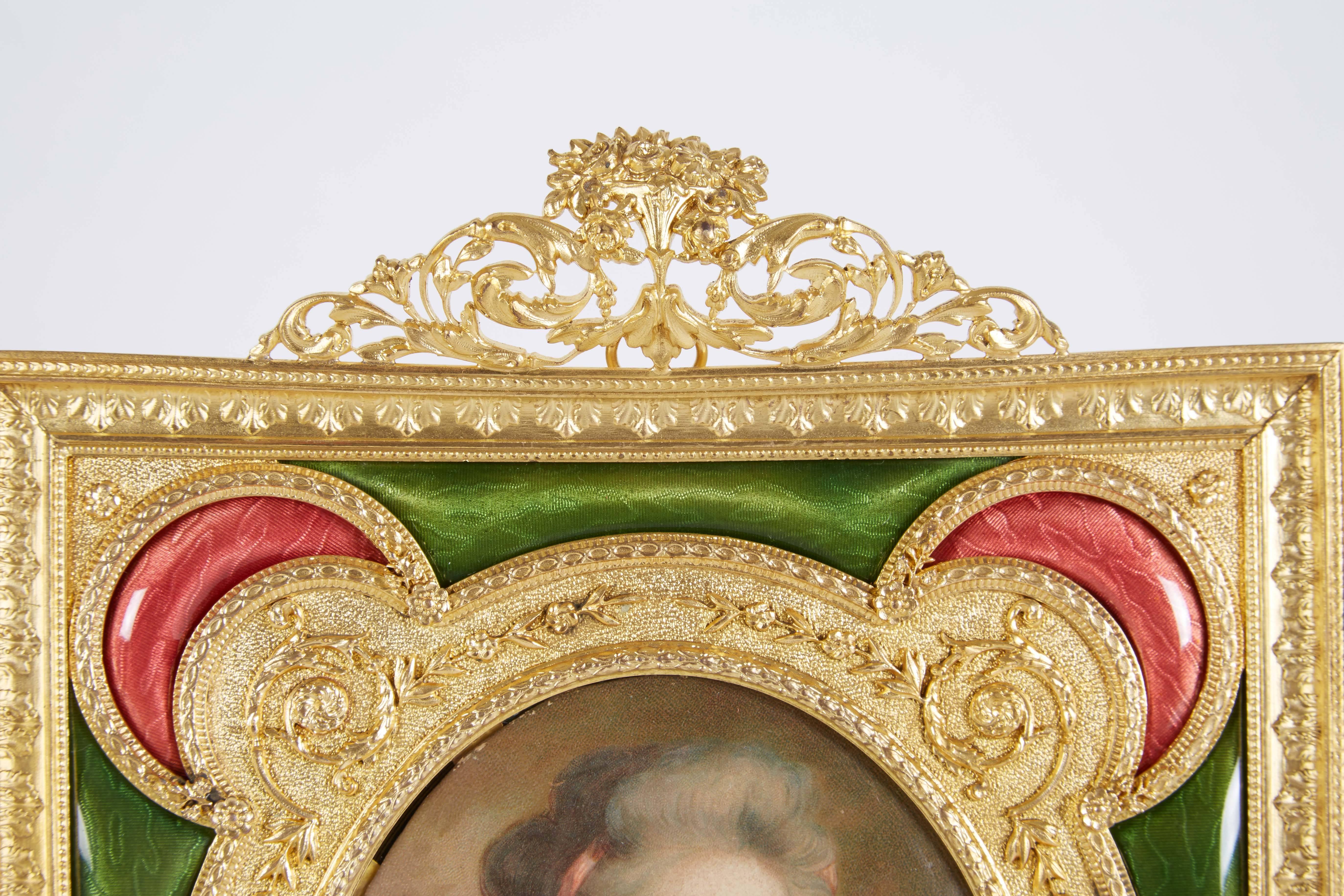 French Gilt Bronze Ormolu Pink and Green Guilloche Enamel Picture Photo Frame 1