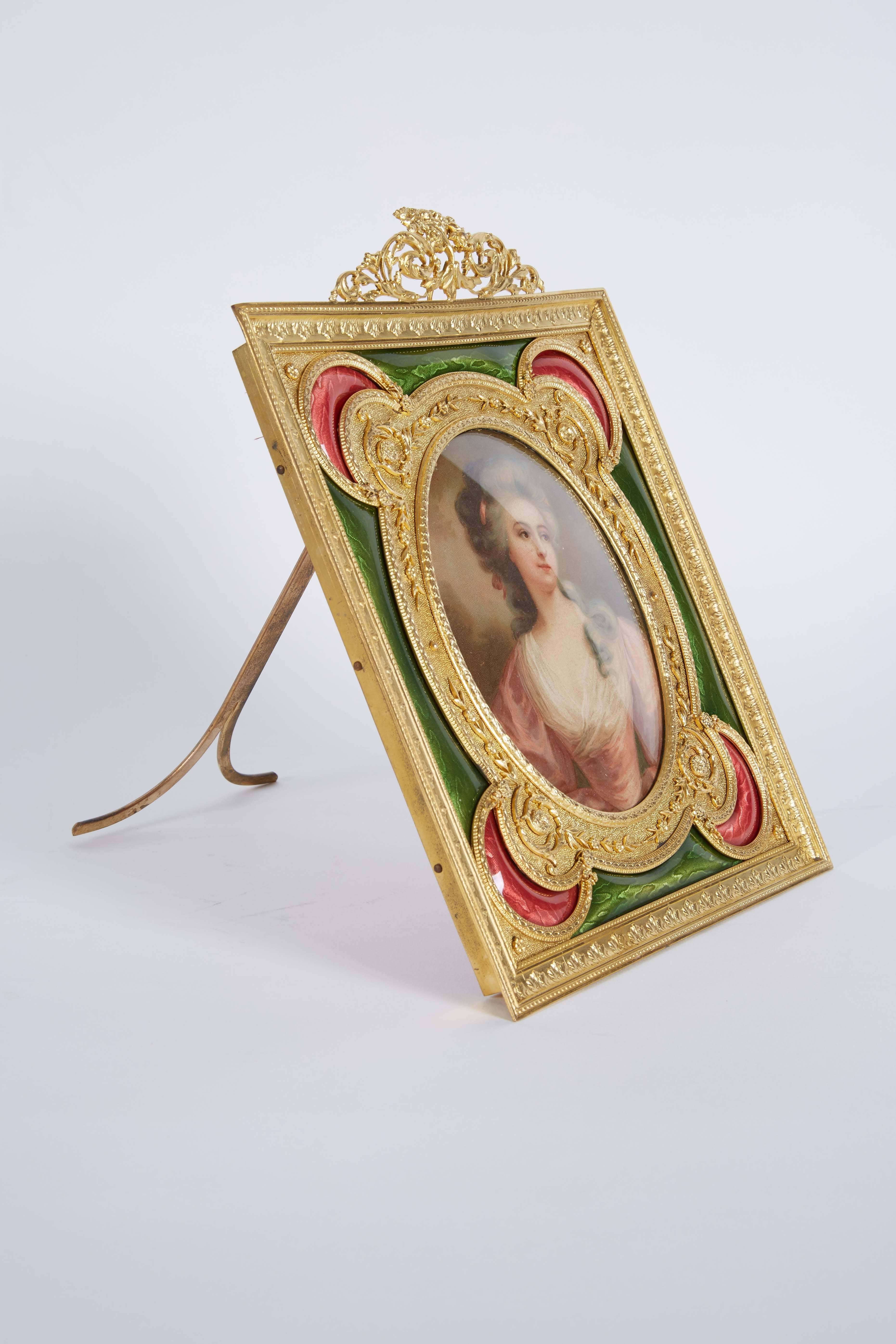 French Gilt Bronze Ormolu Pink and Green Guilloche Enamel Picture Photo Frame 2