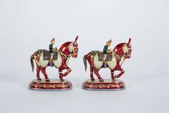 Pair of Jaipur Indian 22-Karat Gold Enamel & Diamonds Horse-Riders Chess Figures