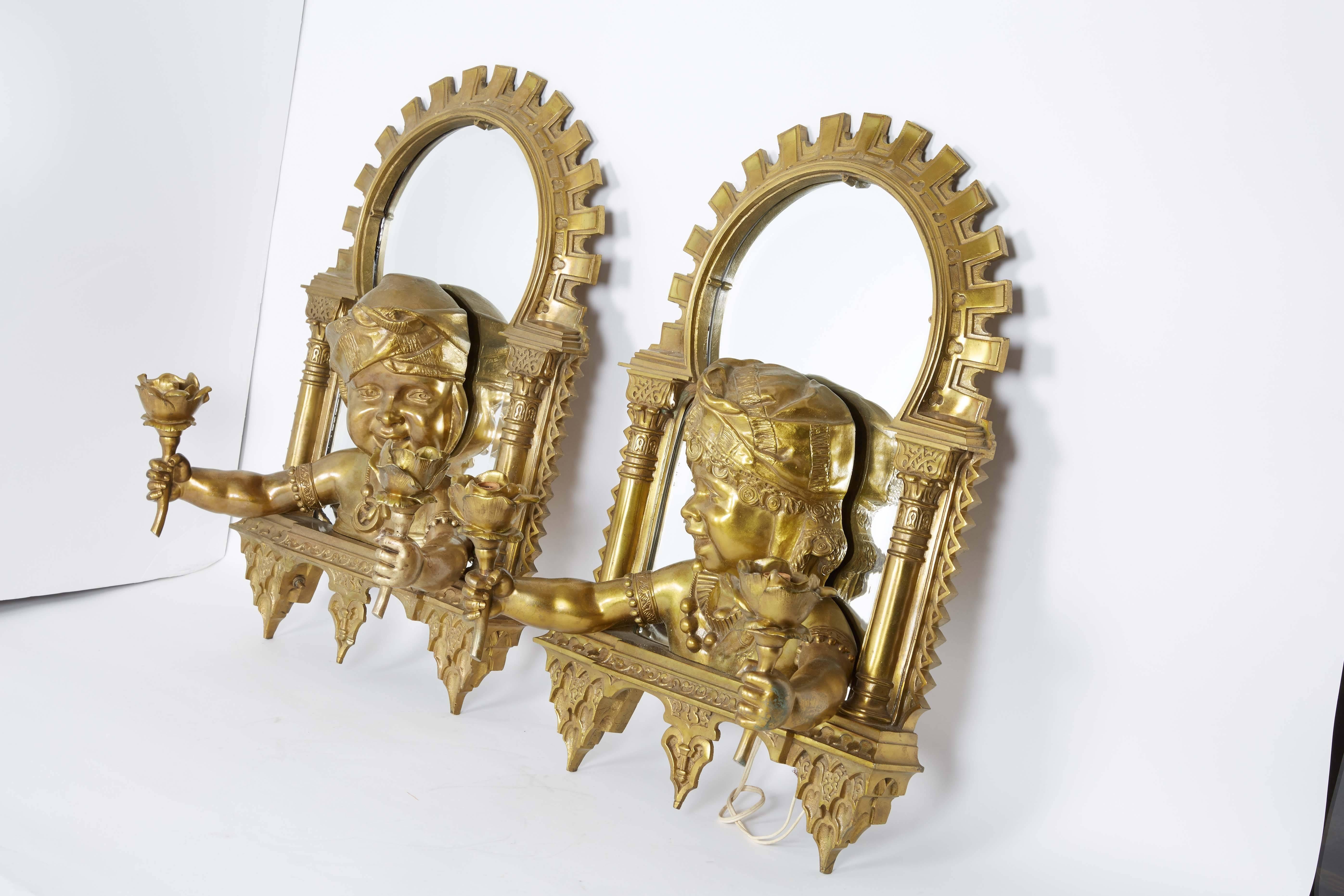 19th Century Pair of French Orientalist Bronze Two-Light Wall Appliqués Sconces Alhambra