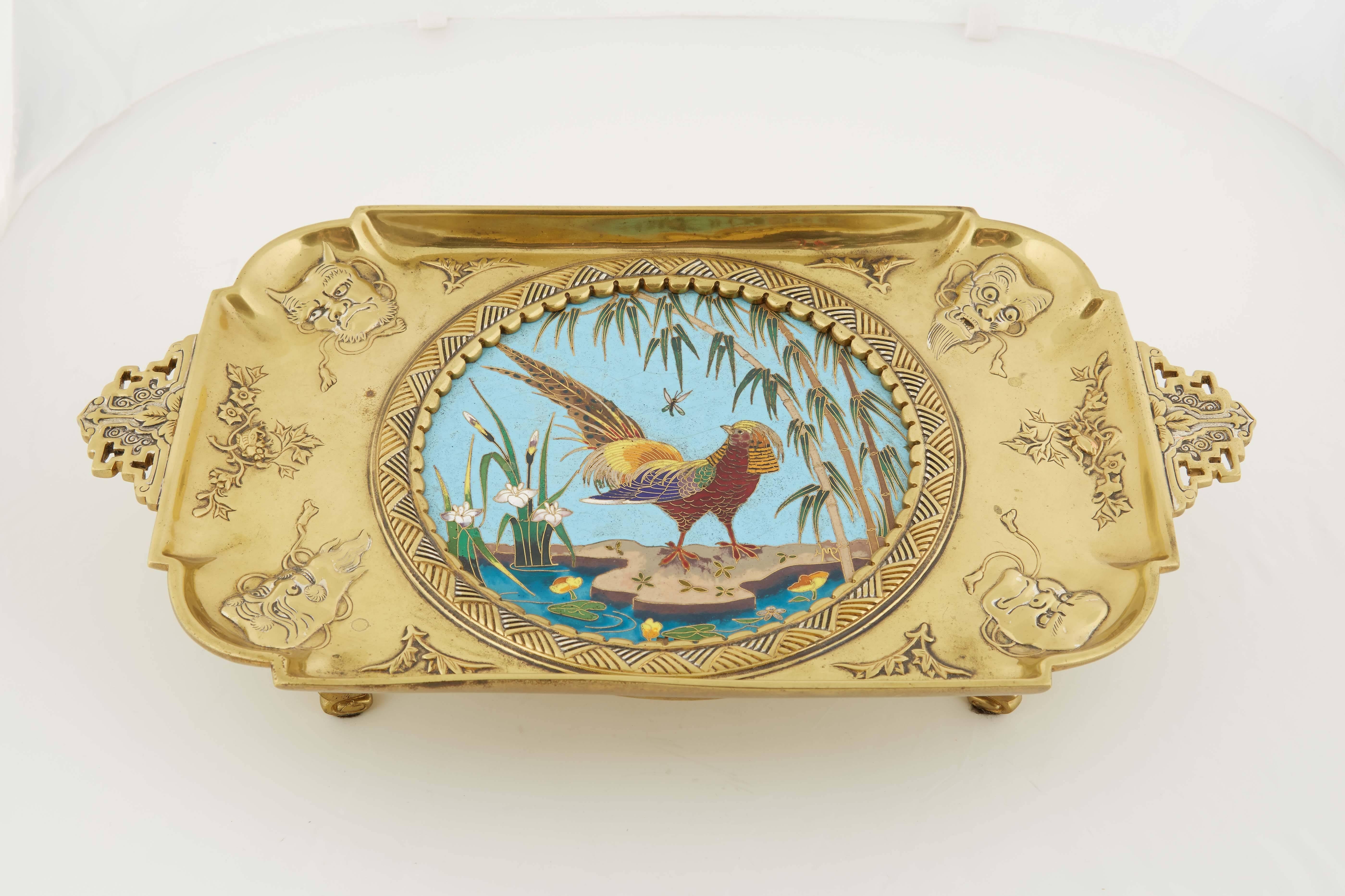 Rare French Japonisme Ormolu and Cloisonne Enamel Tray by Édouard Lièvre In Excellent Condition In New York, NY