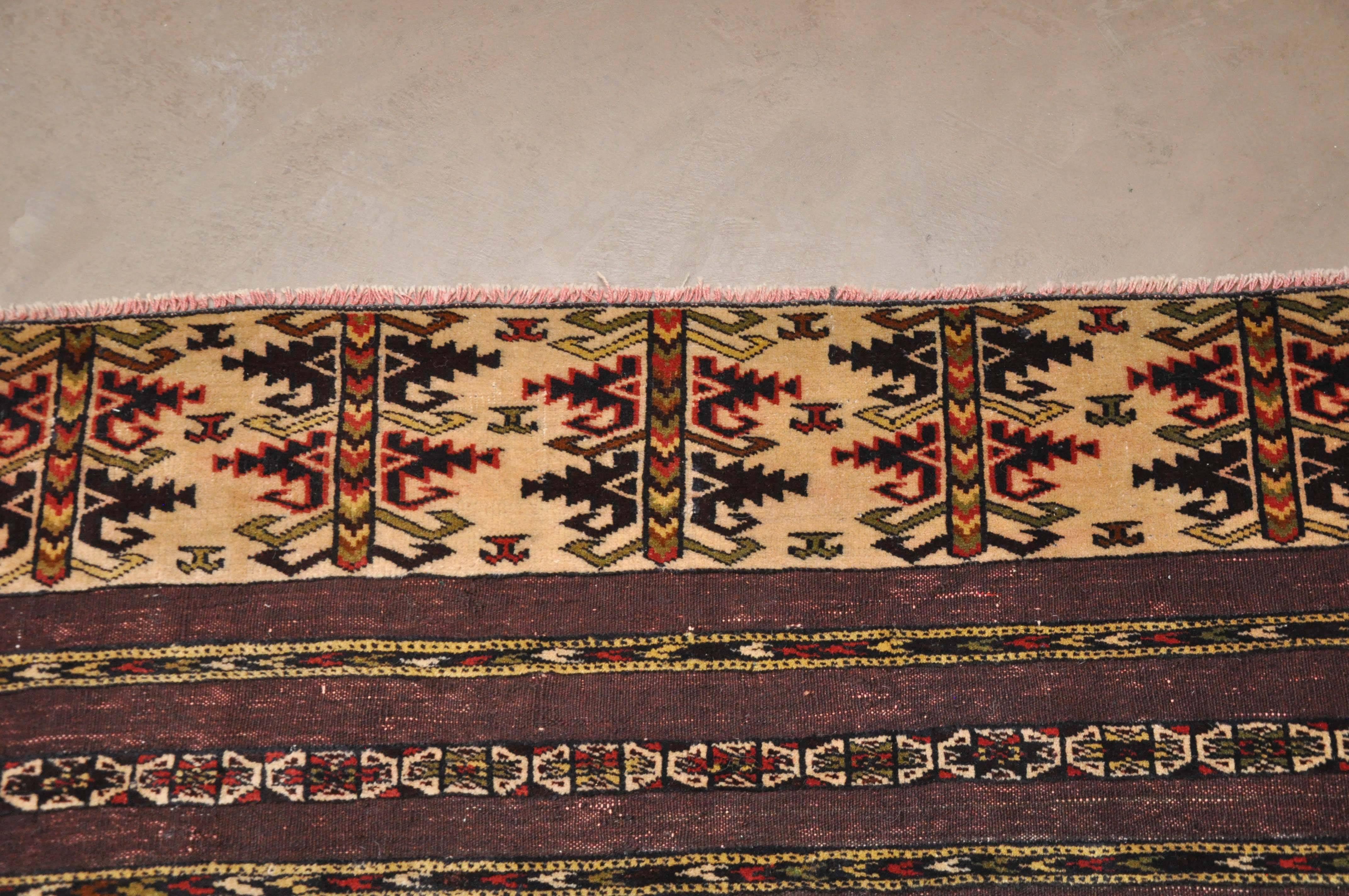 Early 20th century, hand-knotted Afghani wool Rug. 
Unique feature is mix of flat-weave and pile. Colorations are very pretty
Probably from the Turkmen tribe.
